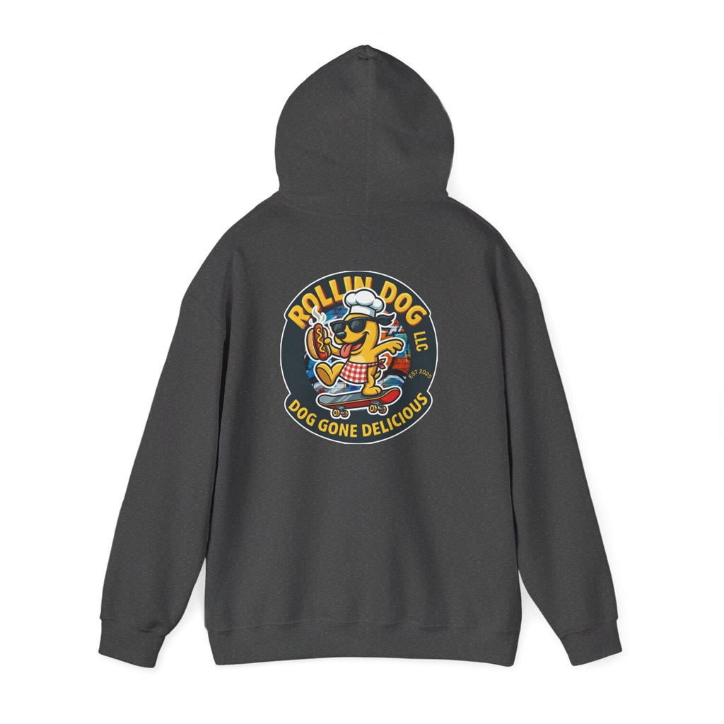 Rollin Dog LLC Skateboard Logo Hoodie — 'Dog Gone Delicious' Chef Hot Dog Graphic Hoodie