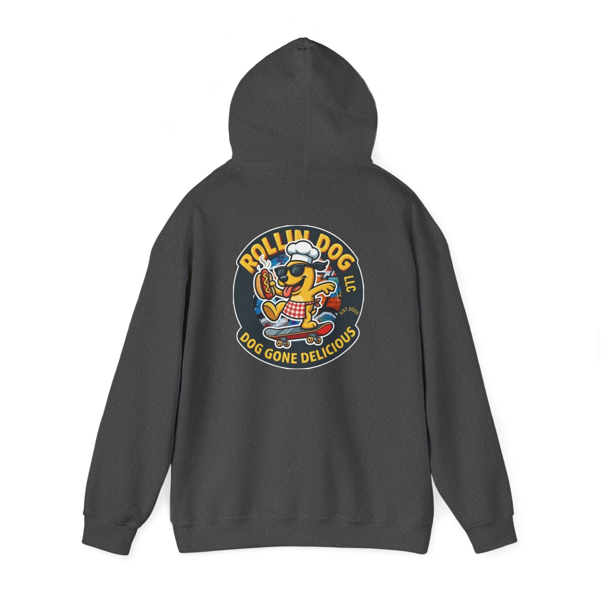 Rollin Dog LLC Skateboard Logo Hoodie — 'Dog Gone Delicious' Chef Hot Dog Graphic Hoodie