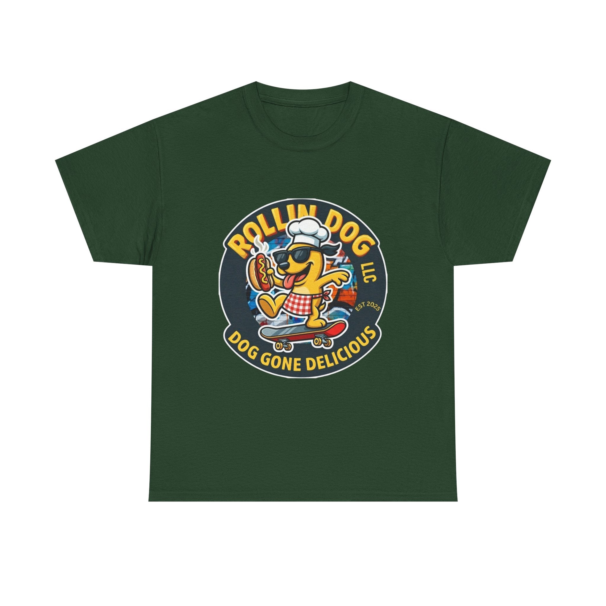 Rollin Dog Skateboard Hot Dog T-Shirt — 'Rollin Dog LLC: Dog Gone Delicious' Vintage Logo Tee