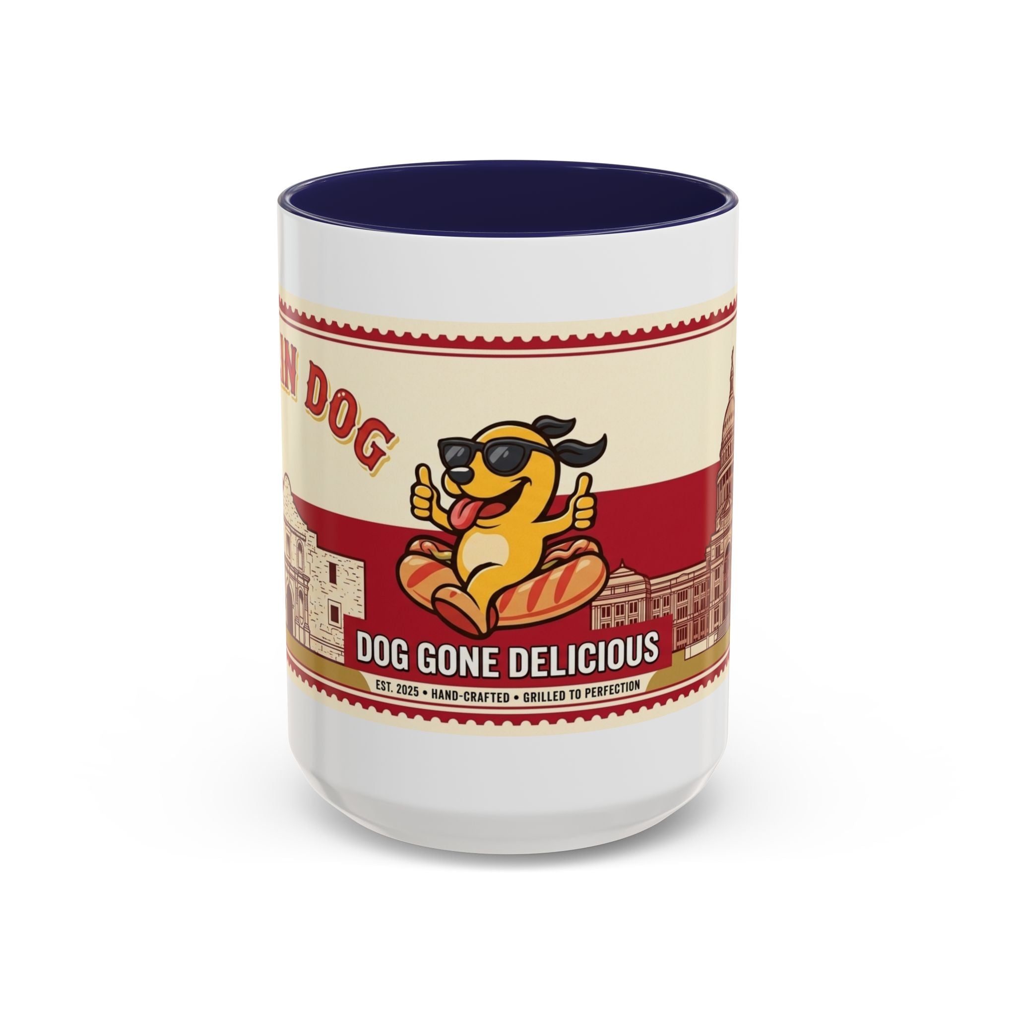 Rollin Dog Coffee Mug — Retro 'Dog Gone Delicious' Hot Dog Design (11/15oz)
