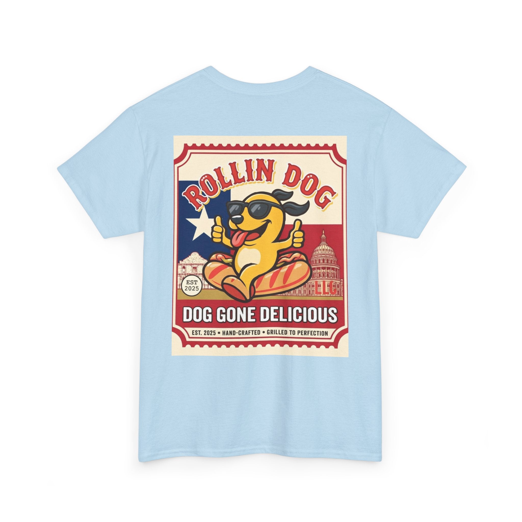 T-Shirt — "Rollin Dog: Dog Gone Delicious" Retro Hot Dog Graphic Tee