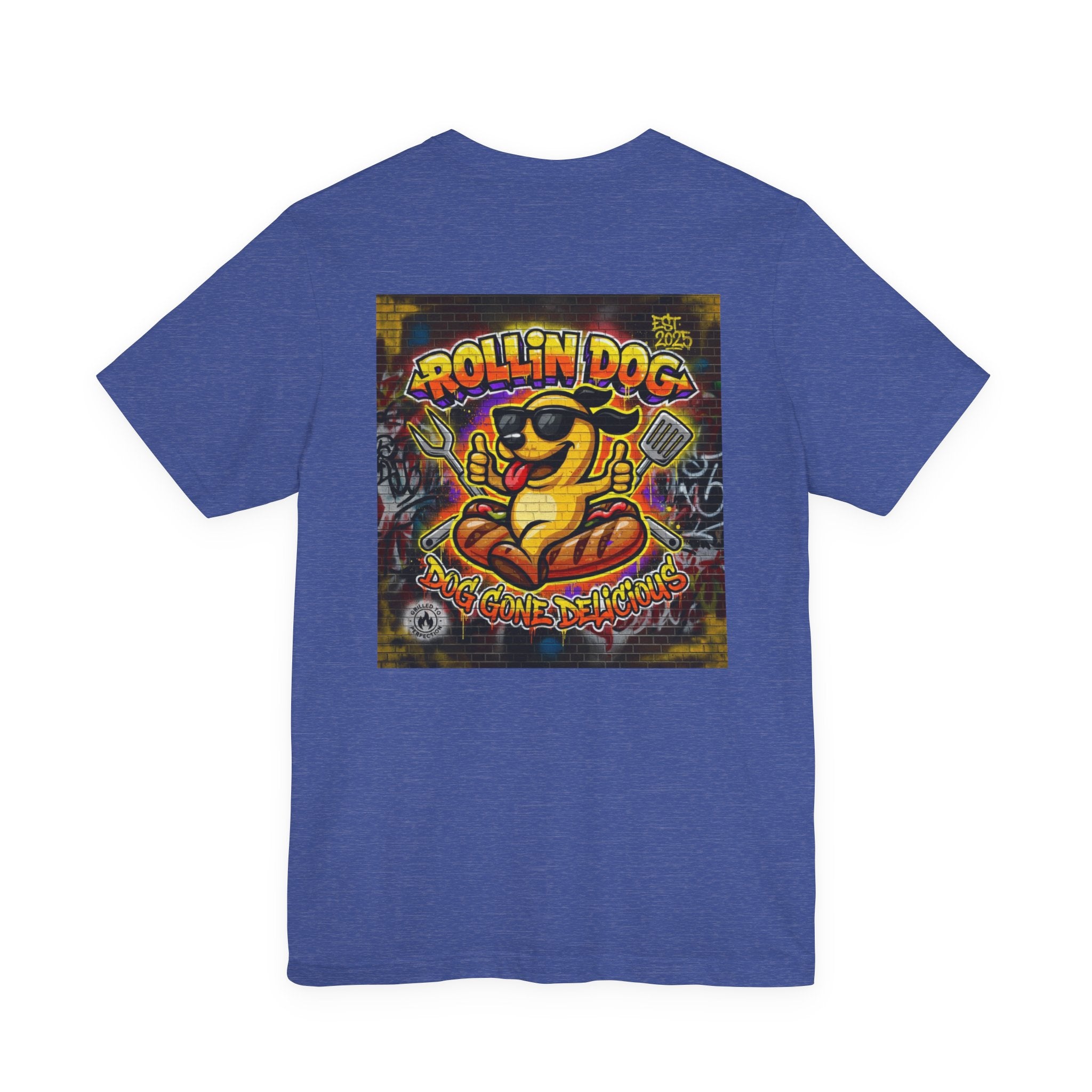 Rollin Dog Graphic Tee Graffiti 1 — Retro Hot Dog Street Art T-Shirt