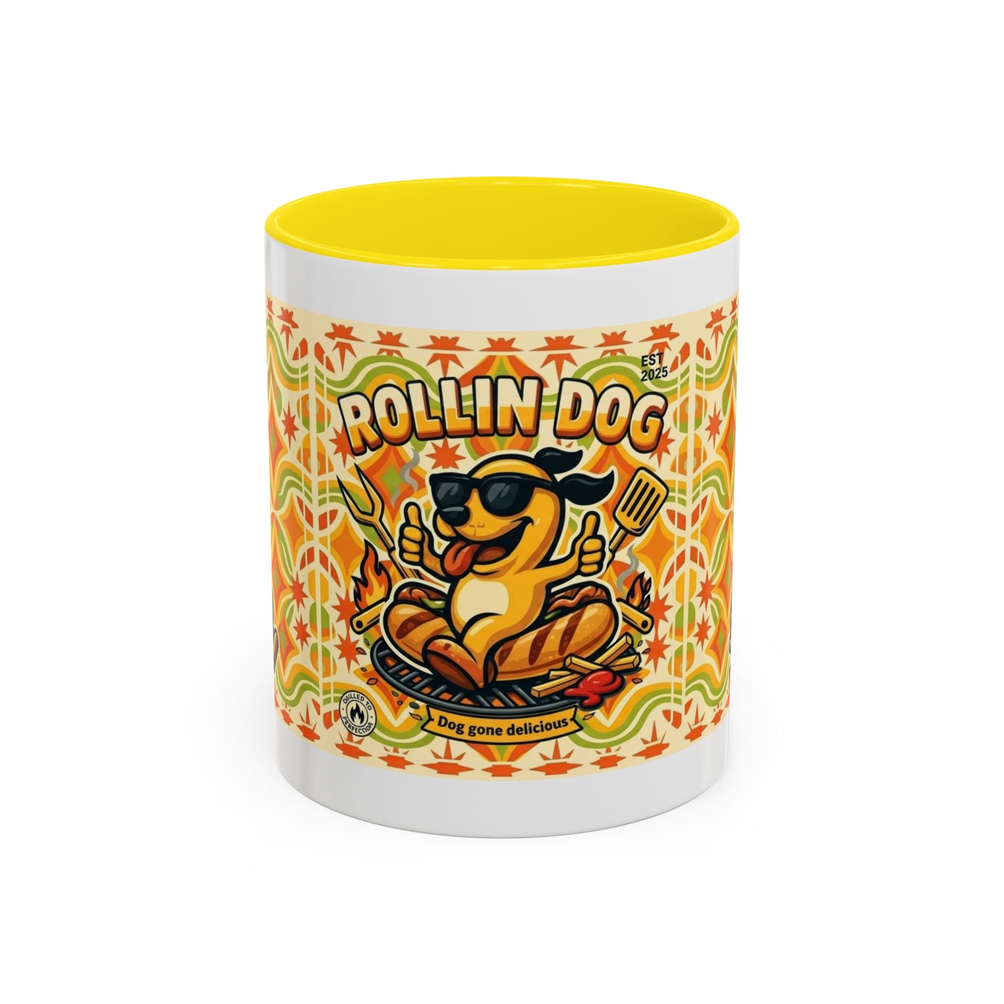 Retron Hot Dog Food Truck Accent Coffee Mug — "Rollin Dog" Retro Summer BBQ Mug (11/15oz)