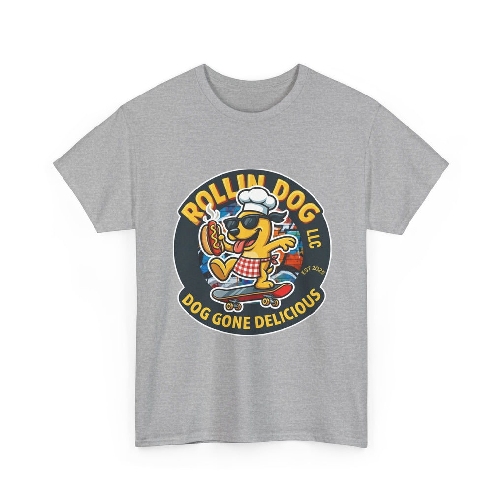 Rollin Dog Skateboard Hot Dog T-Shirt — 'Rollin Dog LLC: Dog Gone Delicious' Vintage Logo Tee