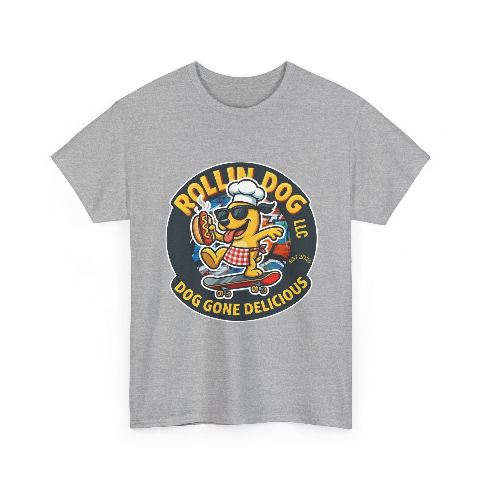 Rollin Dog Skateboard Hot Dog T-Shirt — 'Rollin Dog LLC: Dog Gone Delicious' Vintage Logo Tee