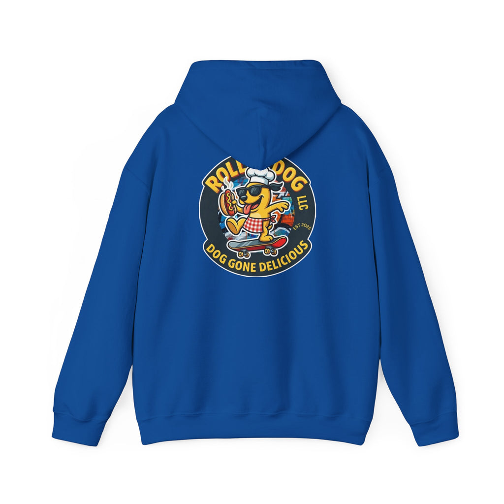 Rollin Dog LLC Skateboard Logo Hoodie — 'Dog Gone Delicious' Chef Hot Dog Graphic Hoodie