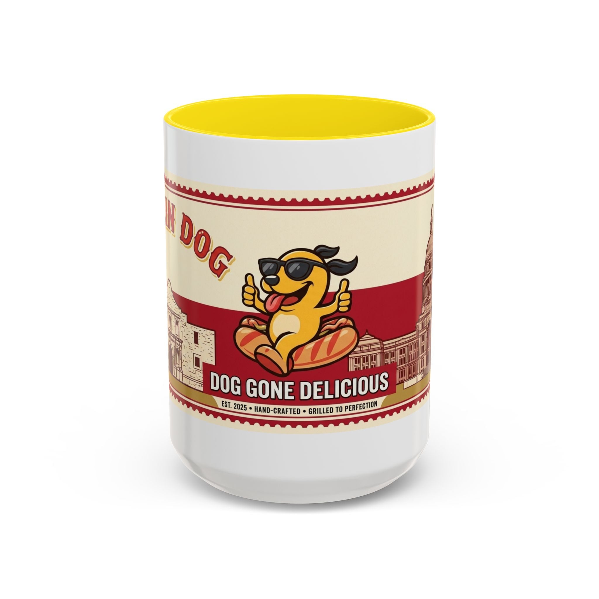 Rollin Dog Coffee Mug — Retro 'Dog Gone Delicious' Hot Dog Design (11/15oz)