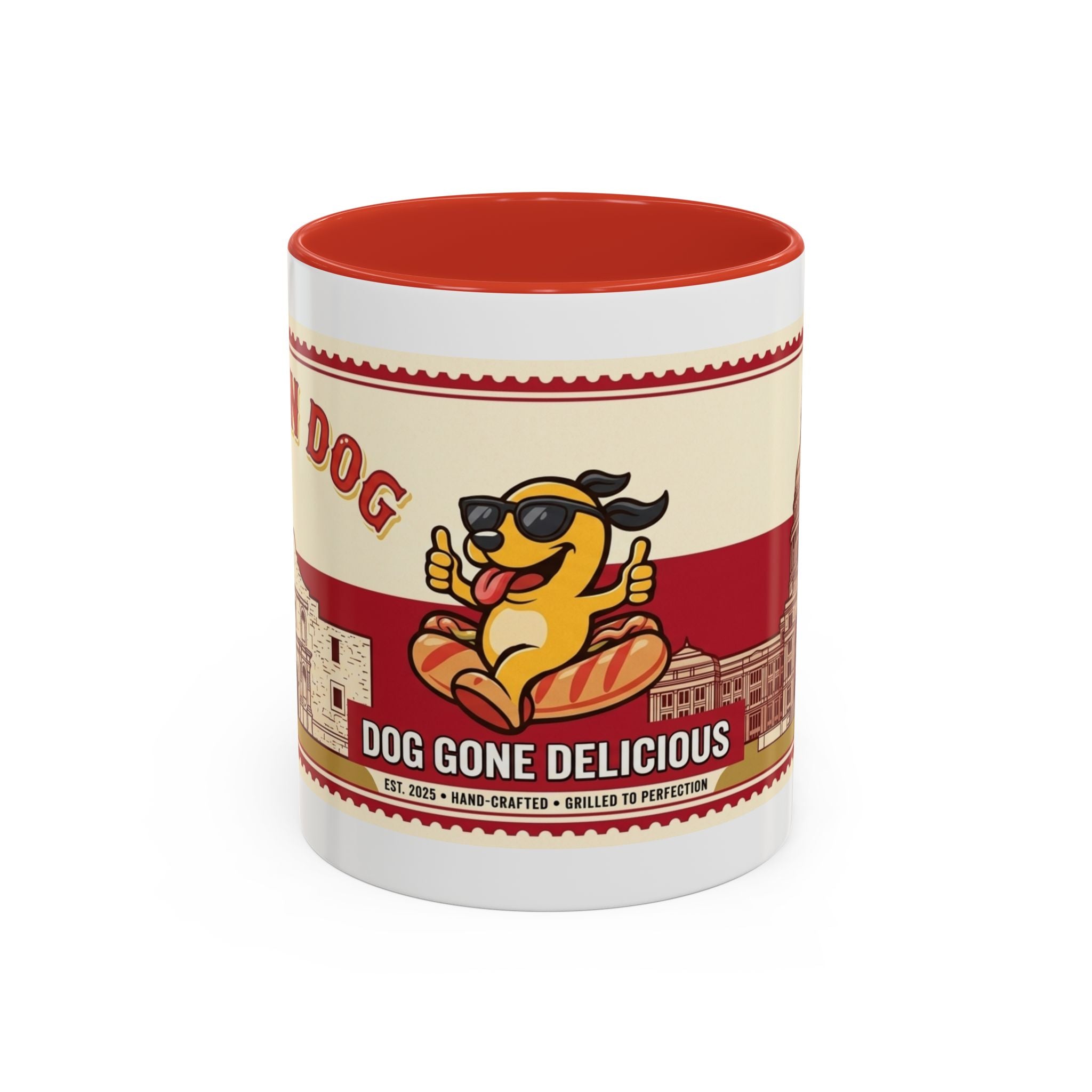 Rollin Dog Coffee Mug — Retro 'Dog Gone Delicious' Hot Dog Design (11/15oz)
