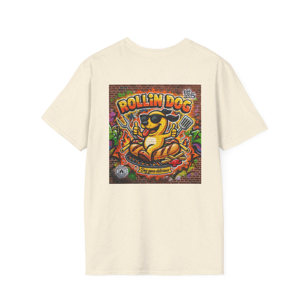 Rollin Dog Graphic T-Shirt Graffiti 2 — Retro Street Art Hot Dog Design