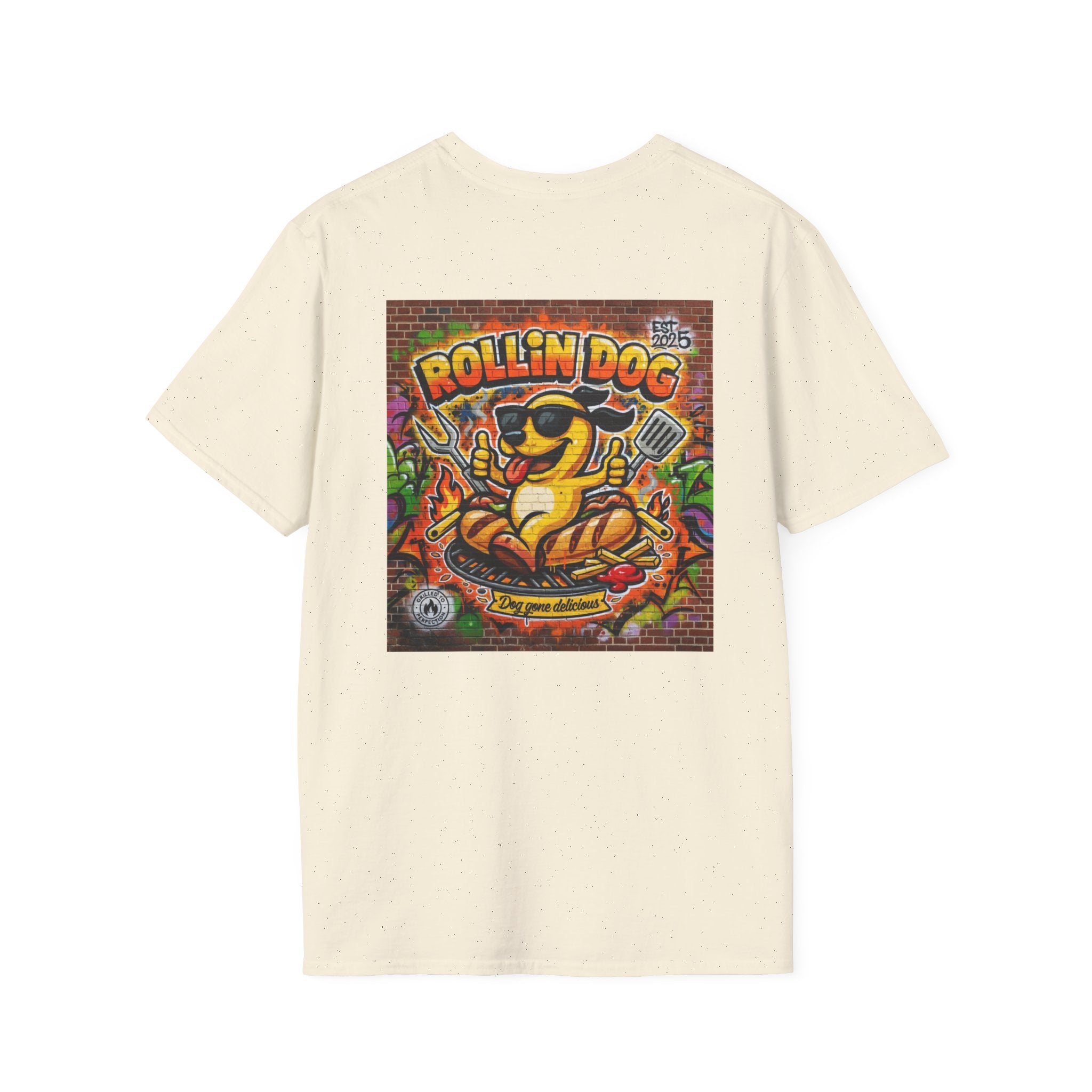 Rollin Dog Graphic T-Shirt Graffiti 2 — Retro Street Art Hot Dog Design