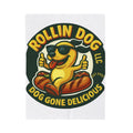 Original Velveteen Plush Blanket — 'Rollin Dog: Dog Gone Delicious' Retro Hot Dog Mascot Throw