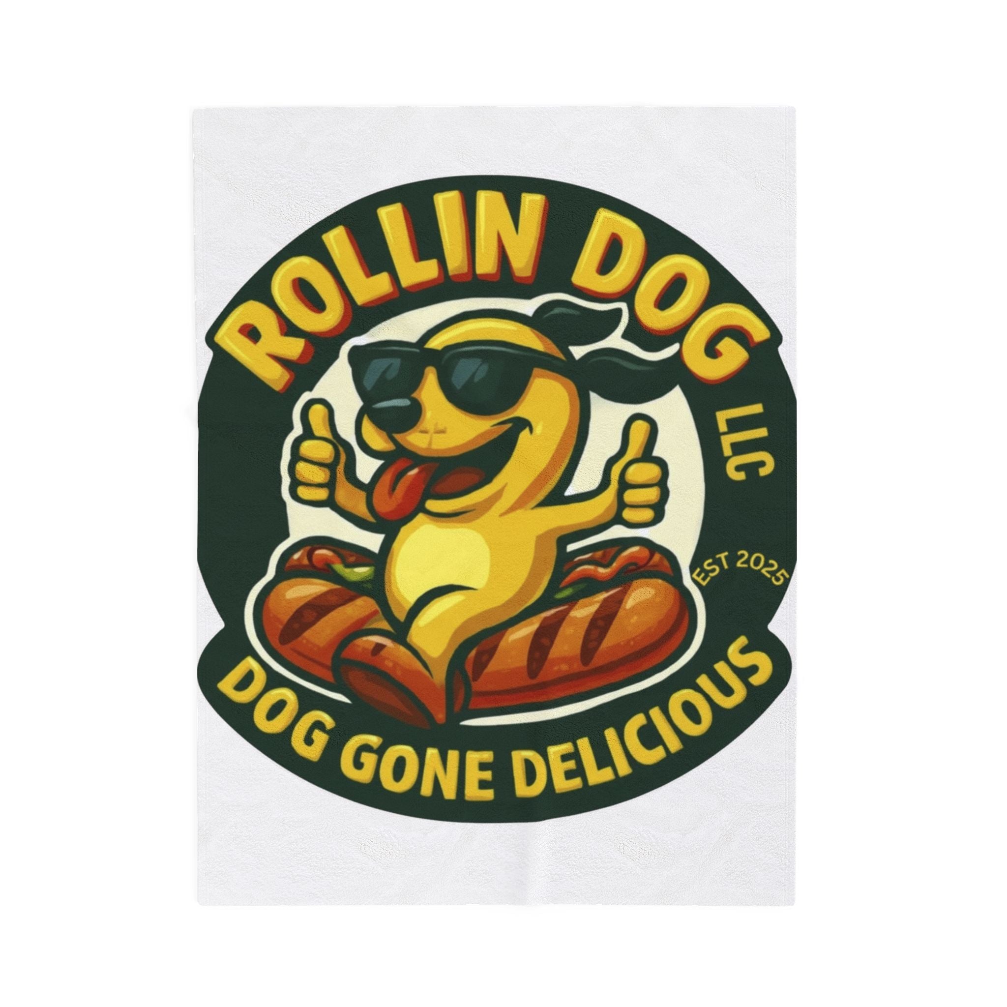 Original Velveteen Plush Blanket — 'Rollin Dog: Dog Gone Delicious' Retro Hot Dog Mascot Throw