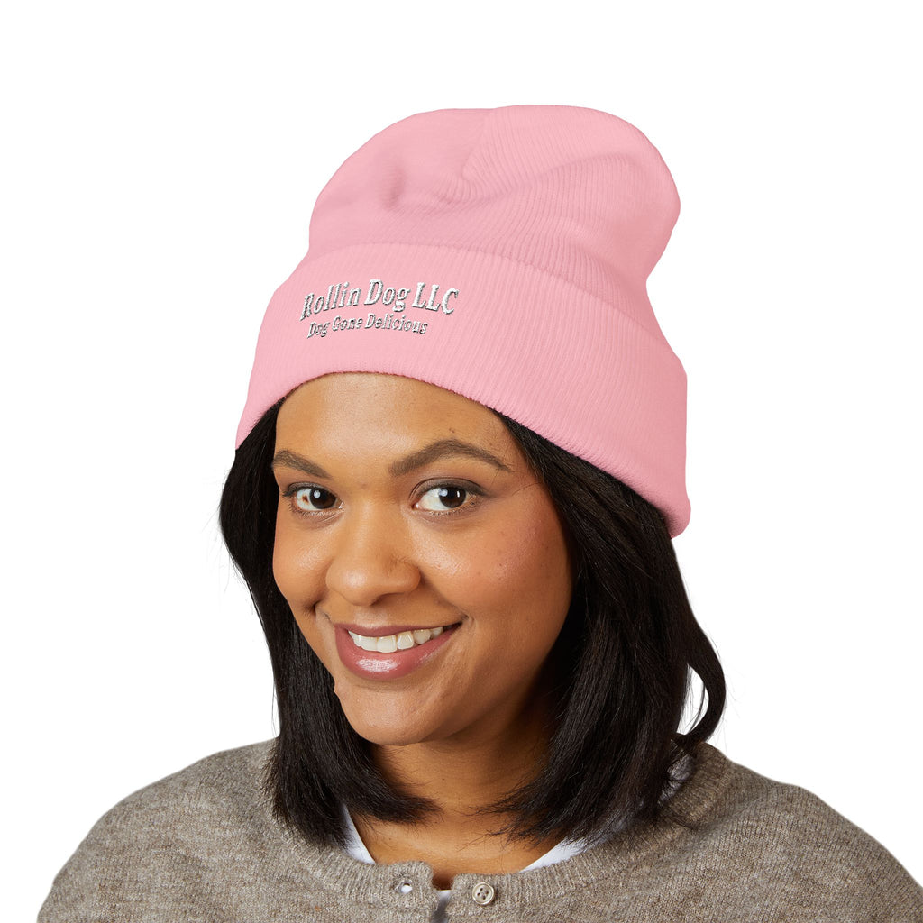 Embroidered Classic White Cuffed Beanie - Rollin Dog LLC Logo