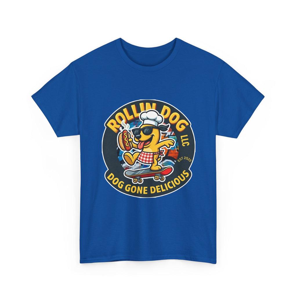 Rollin Dog Skateboard Hot Dog T-Shirt — 'Rollin Dog LLC: Dog Gone Delicious' Vintage Logo Tee