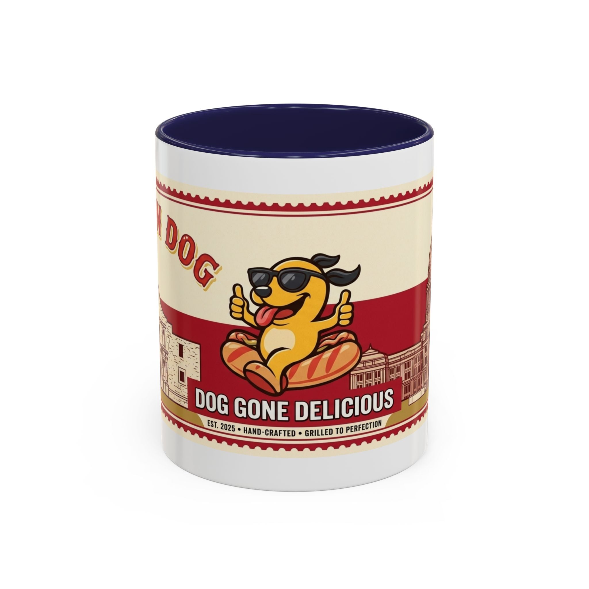 Rollin Dog Coffee Mug — Retro 'Dog Gone Delicious' Hot Dog Design (11/15oz)