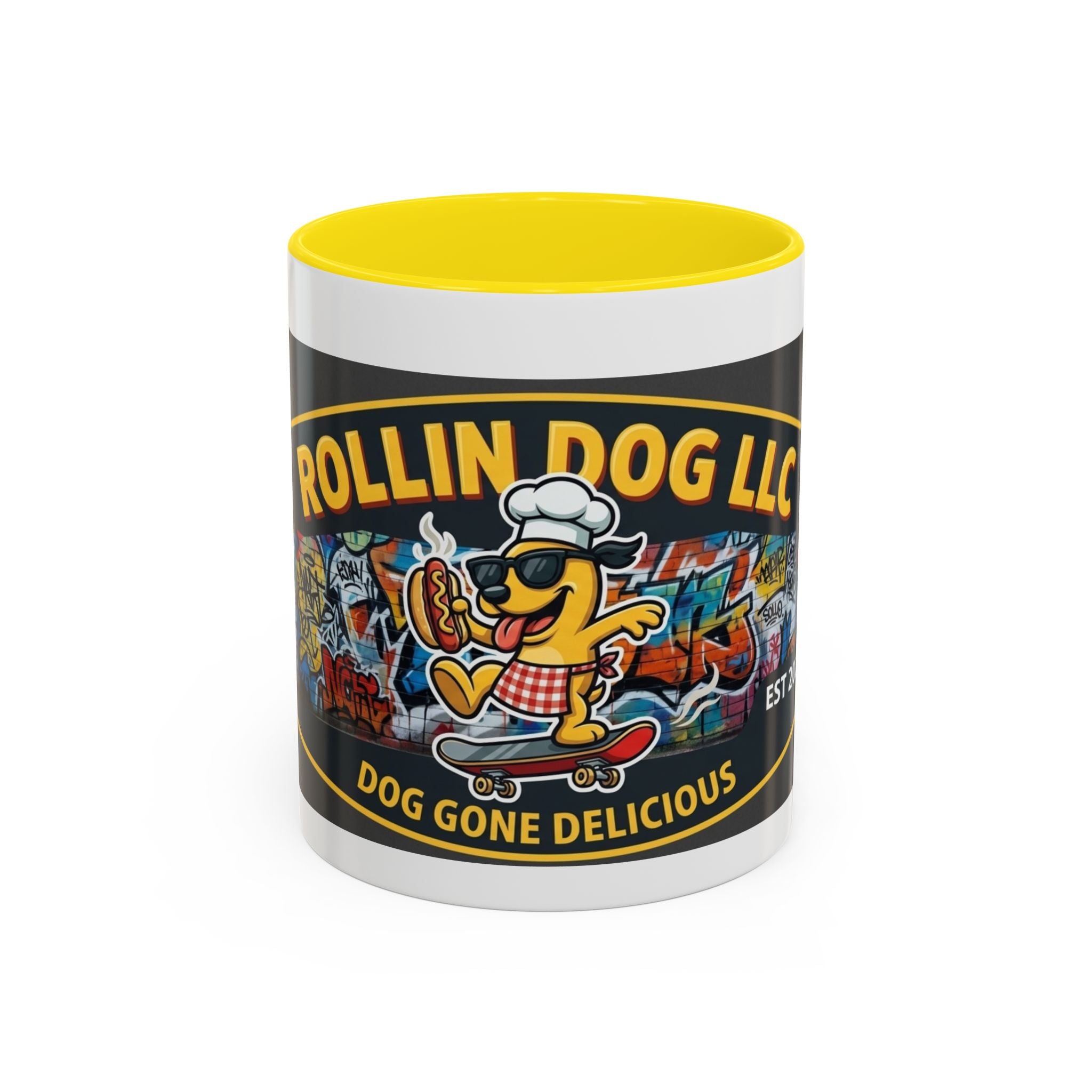 Rolling Dog Coffee Mug — 'Dog Gone Delicious' Skateboard Hot Dog Design