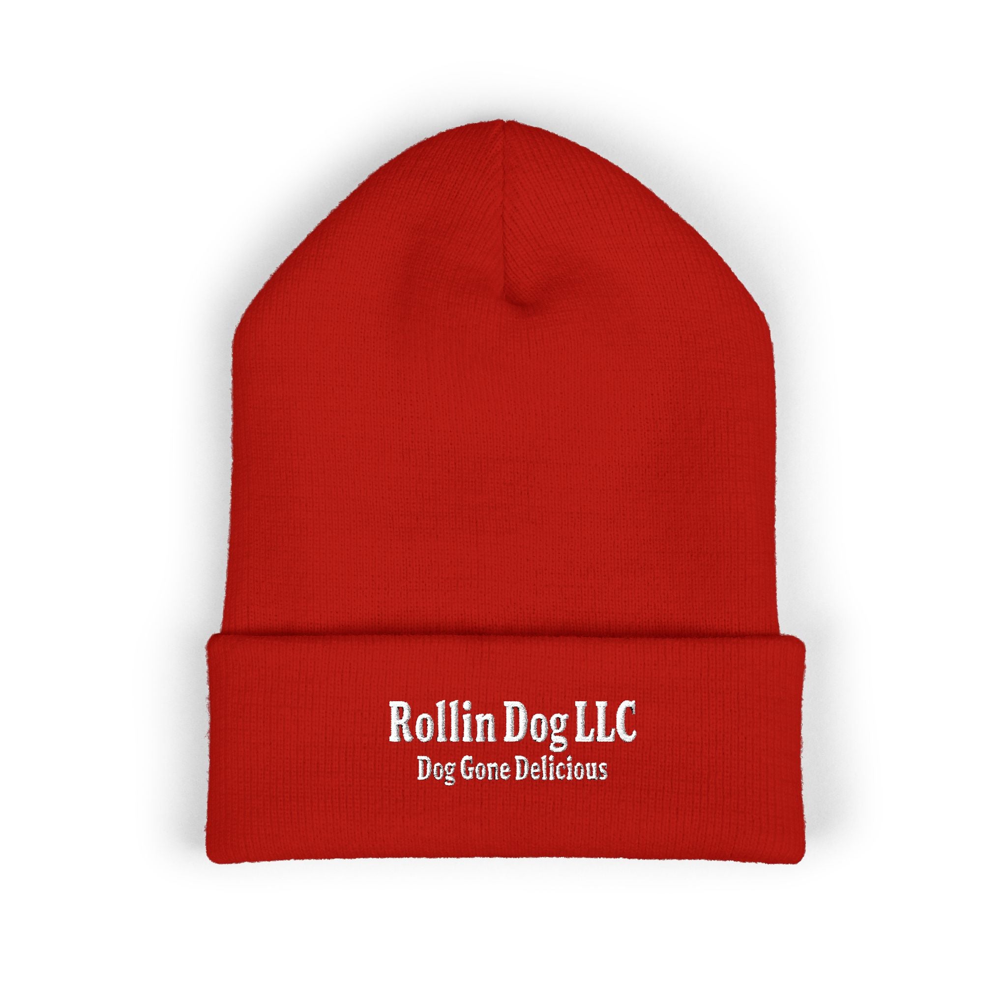 Embroidered Classic White Cuffed Beanie - Rollin Dog LLC Logo