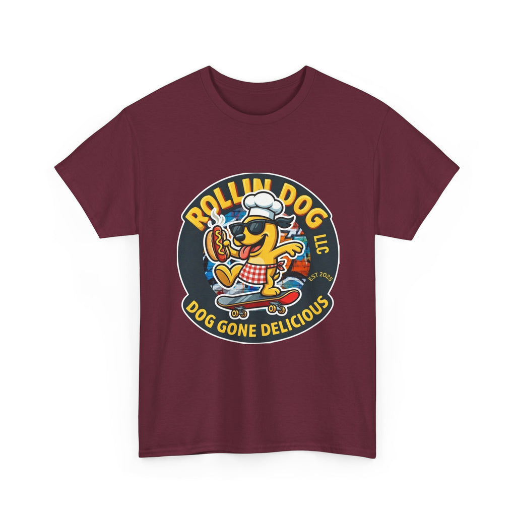 Rollin Dog Skateboard Hot Dog T-Shirt — 'Rollin Dog LLC: Dog Gone Delicious' Vintage Logo Tee