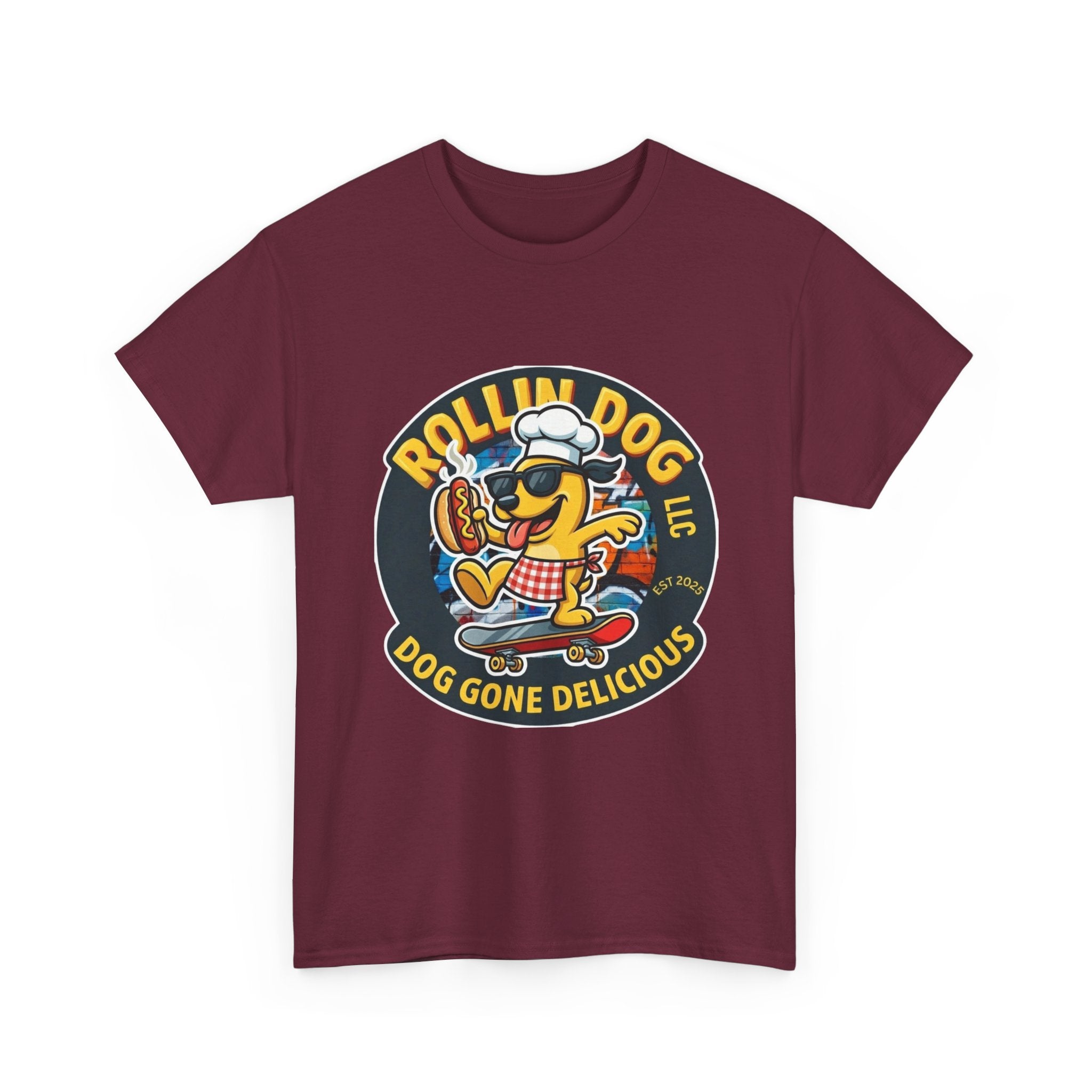 Rollin Dog Skateboard Hot Dog T-Shirt — 'Rollin Dog LLC: Dog Gone Delicious' Vintage Logo Tee
