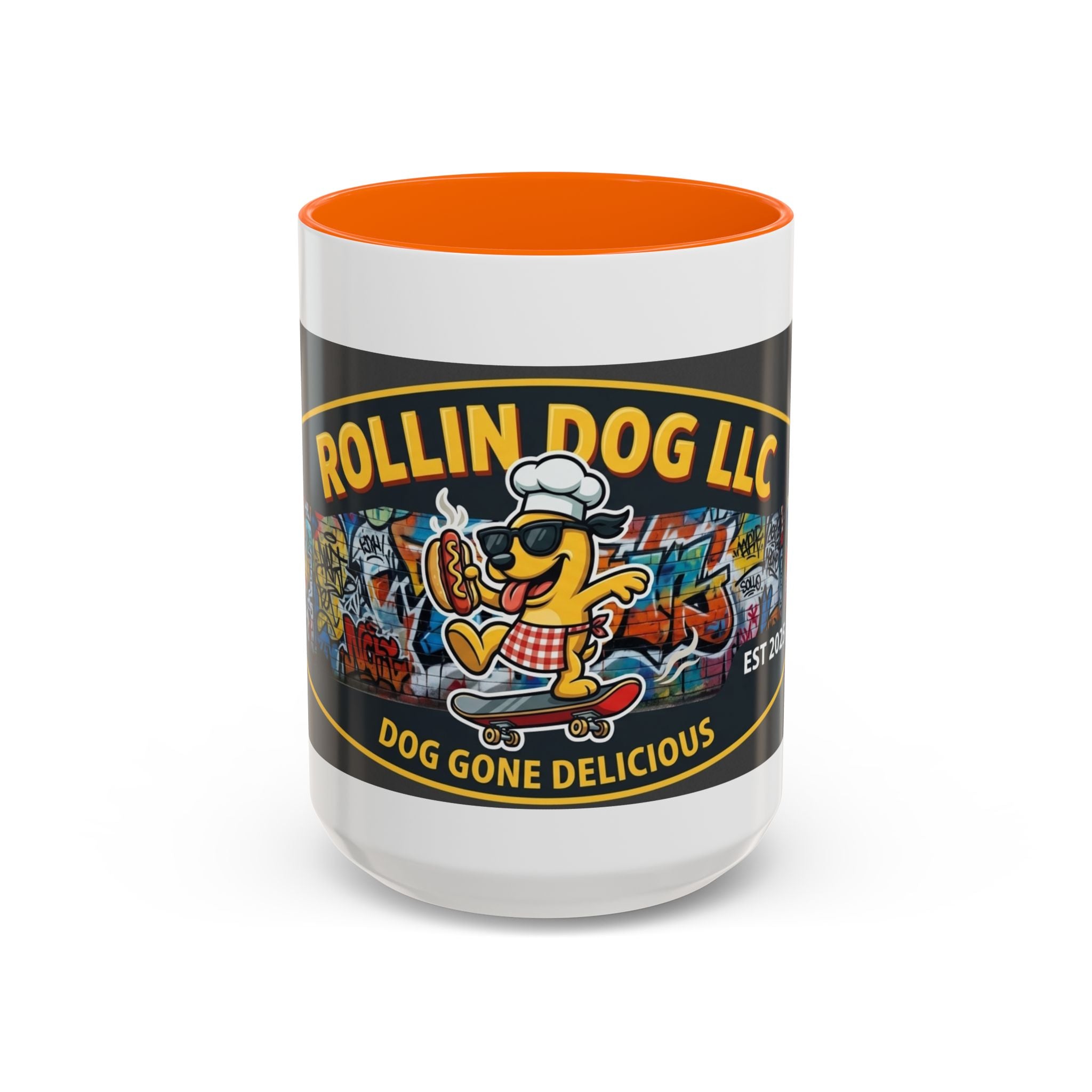 Rolling Dog Coffee Mug — 'Dog Gone Delicious' Skateboard Hot Dog Design