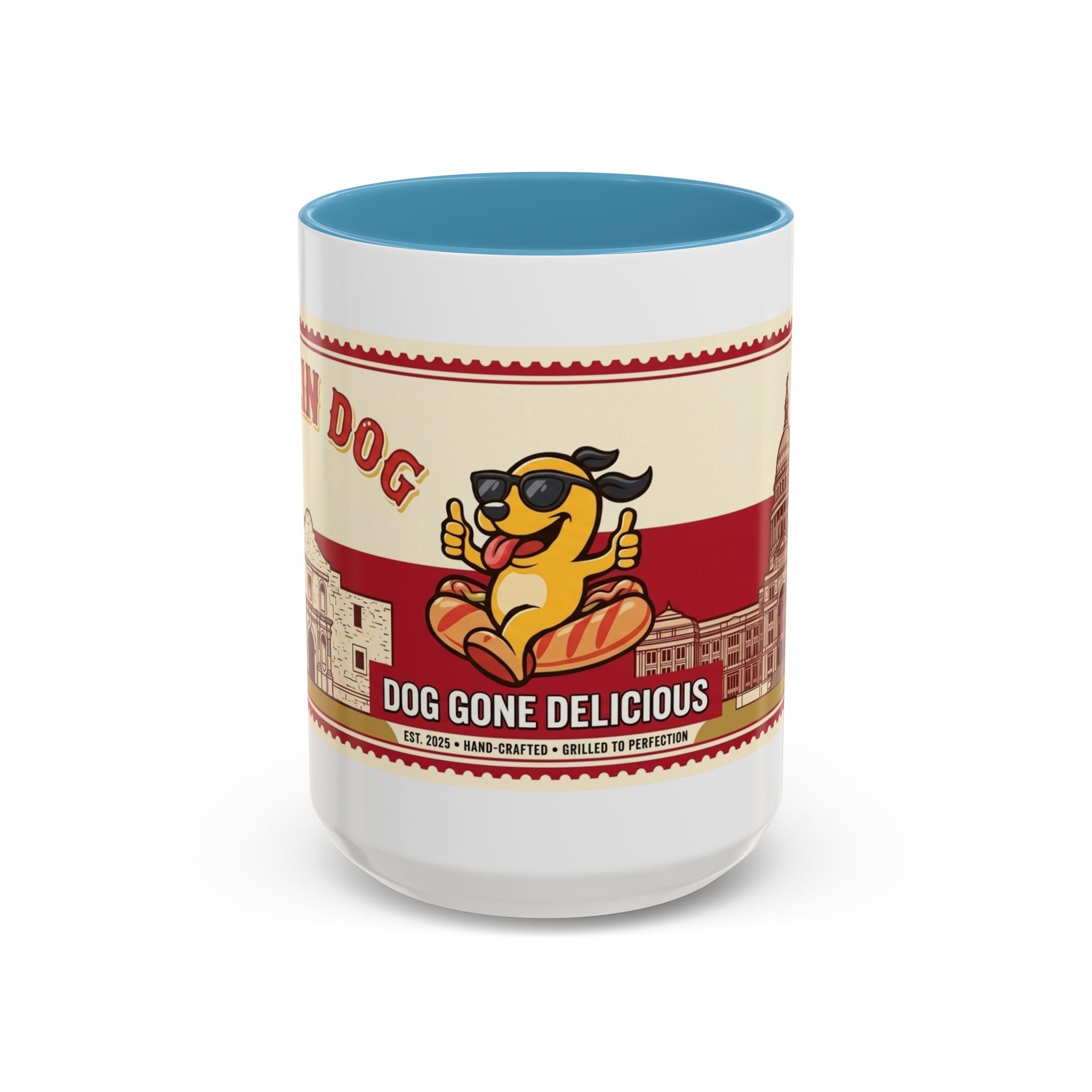 Rollin Dog Coffee Mug — Retro 'Dog Gone Delicious' Hot Dog Design (11/15oz)