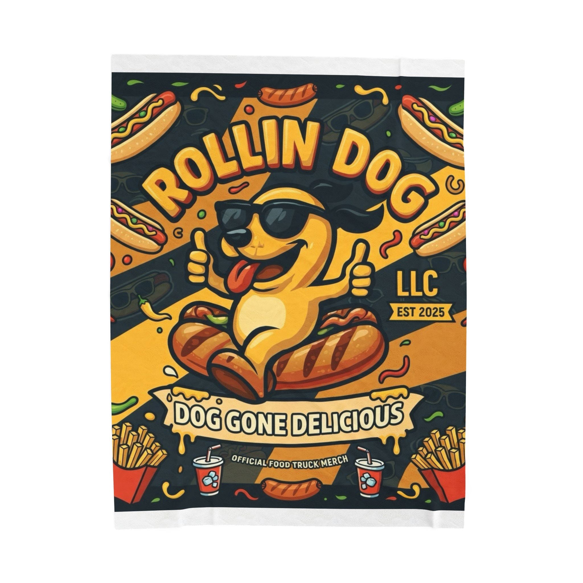 Velveteen Plush Blanket – "Rollin Dog: Dog Gone Delicious" Food Truck Graphic Throw