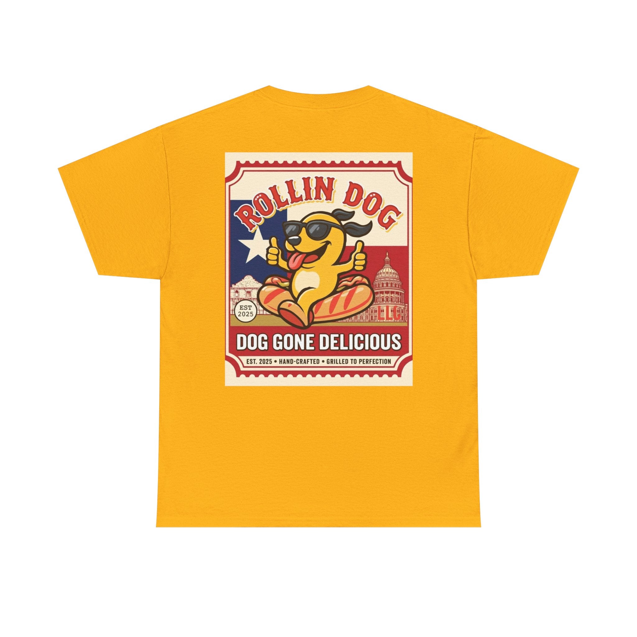 T-Shirt — "Rollin Dog: Dog Gone Delicious" Retro Hot Dog Graphic Tee
