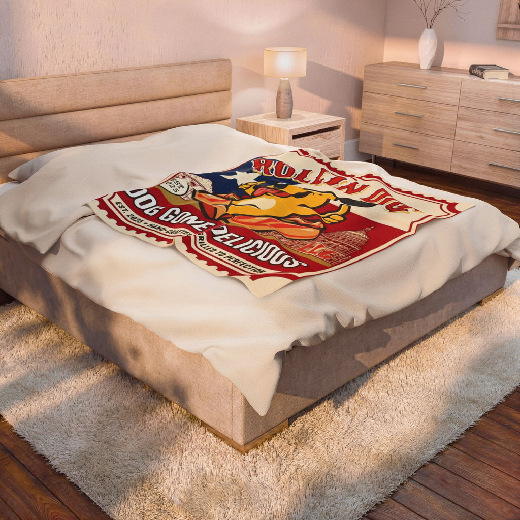 Texas Velveteen Plush Blanket — "Rollin Dog: Dog Gone Delicious" Retro Hot Dog Pup Throw