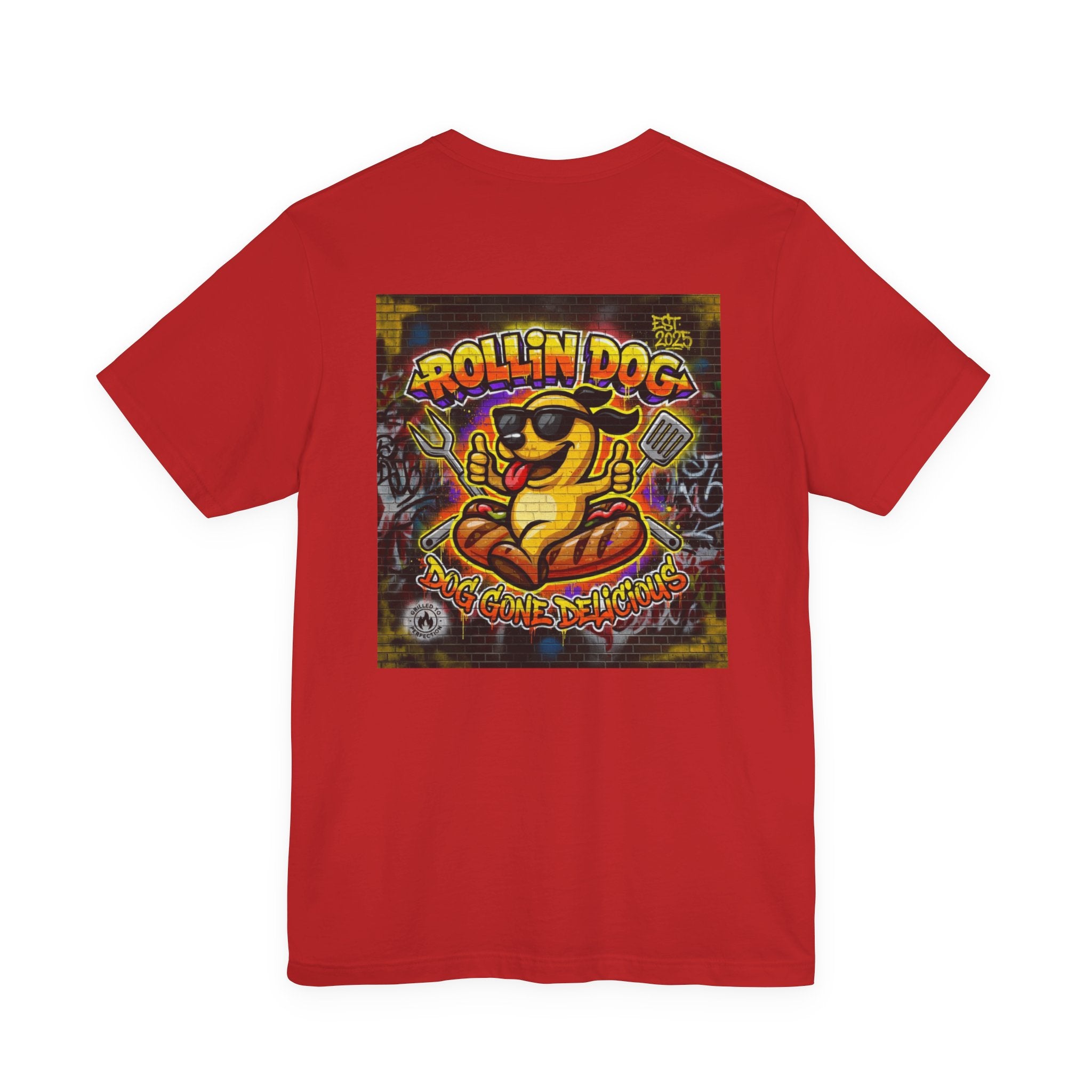 Rollin Dog Graphic Tee Graffiti 1 — Retro Hot Dog Street Art T-Shirt