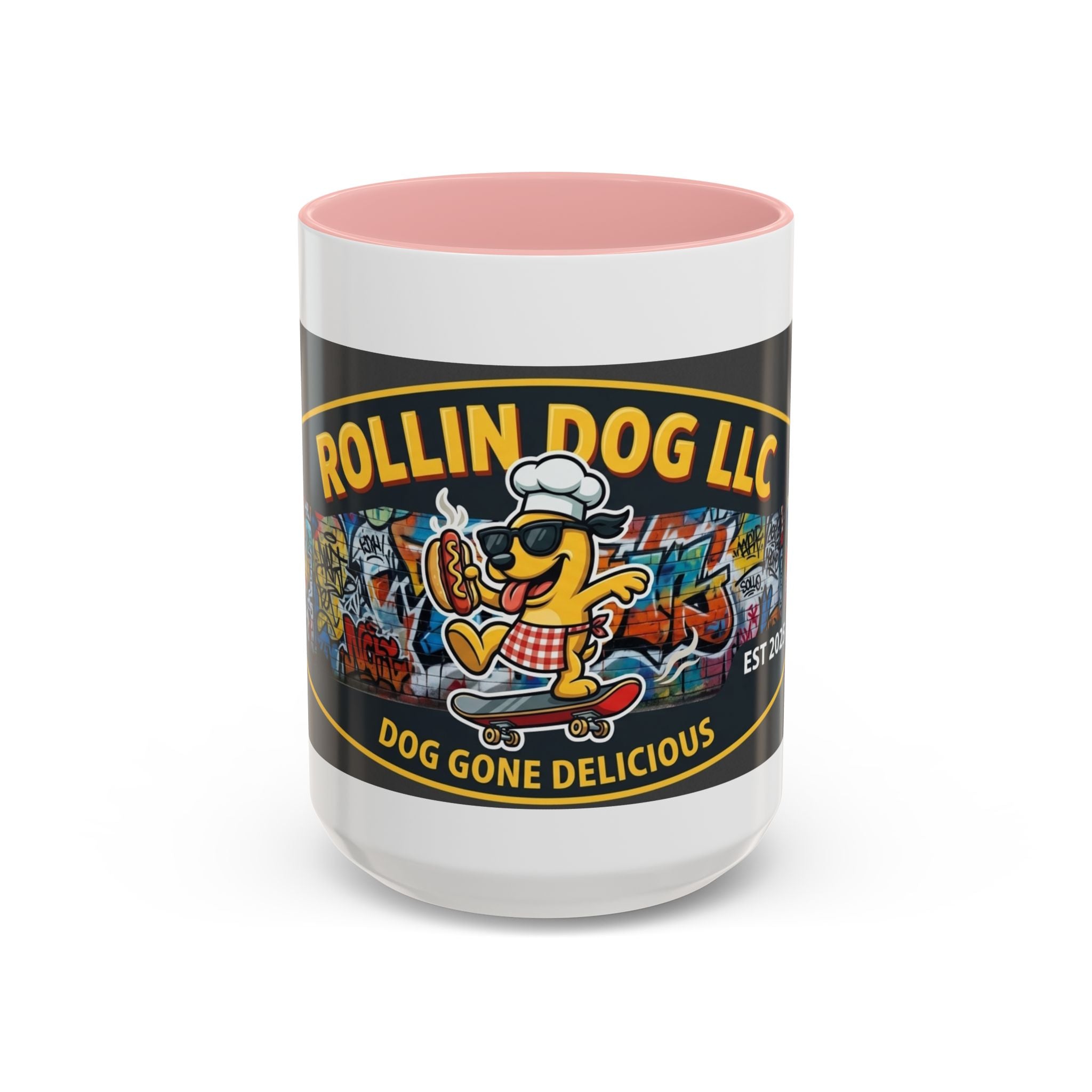 Rolling Dog Coffee Mug — 'Dog Gone Delicious' Skateboard Hot Dog Design