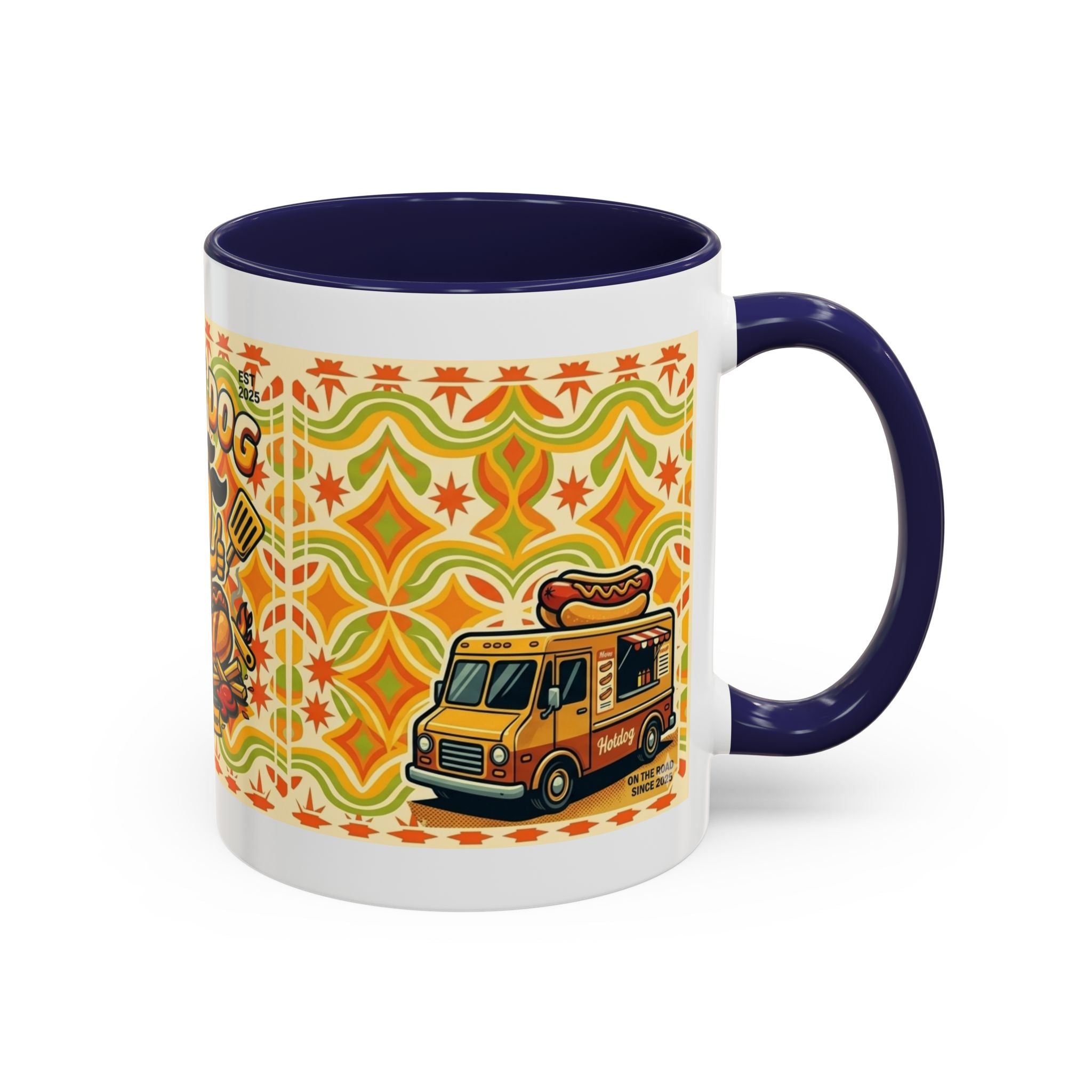 Retron Hot Dog Food Truck Accent Coffee Mug — "Rollin Dog" Retro Summer BBQ Mug (11/15oz)