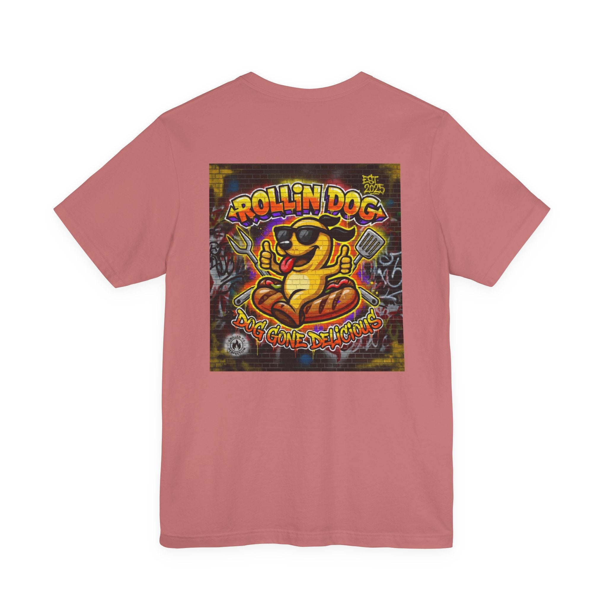 Rollin Dog Graphic Tee Graffiti 1 — Retro Hot Dog Street Art T-Shirt