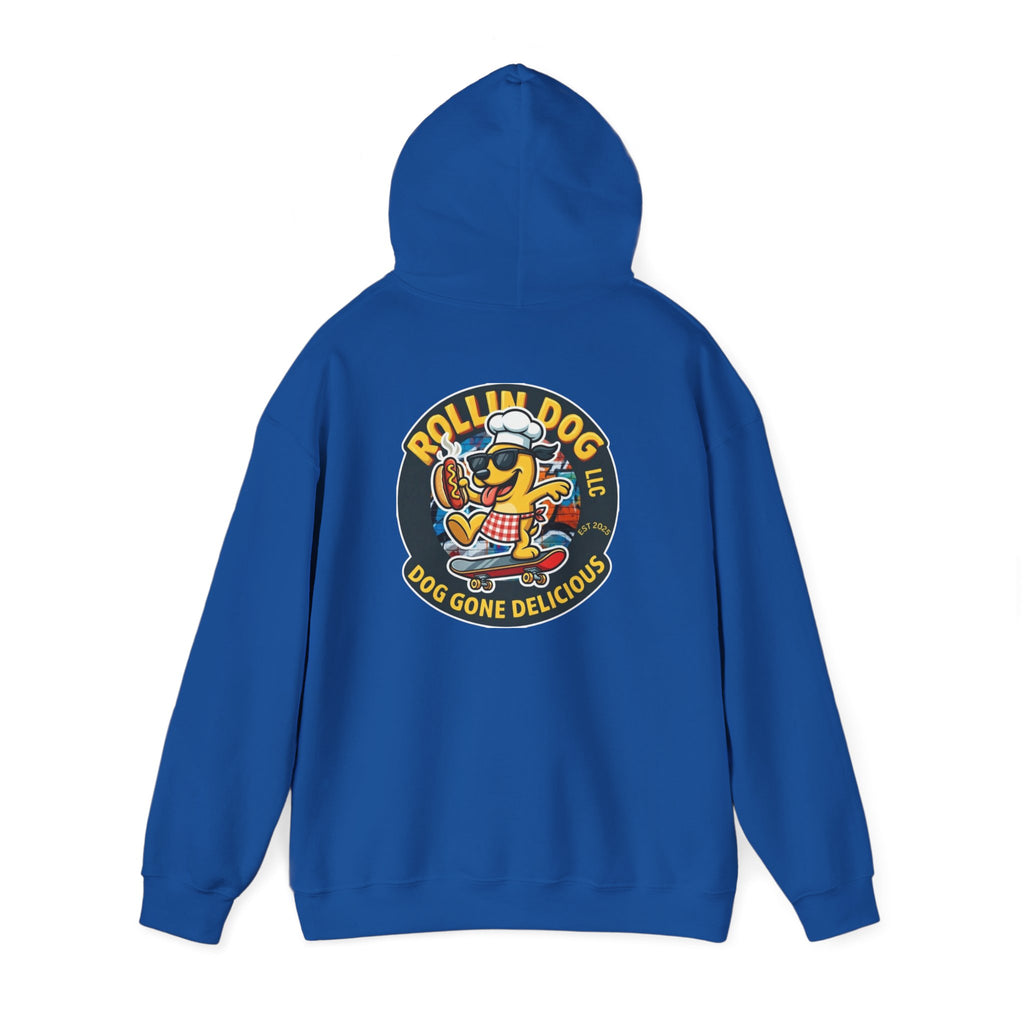Rollin Dog LLC Skateboard Logo Hoodie — 'Dog Gone Delicious' Chef Hot Dog Graphic Hoodie