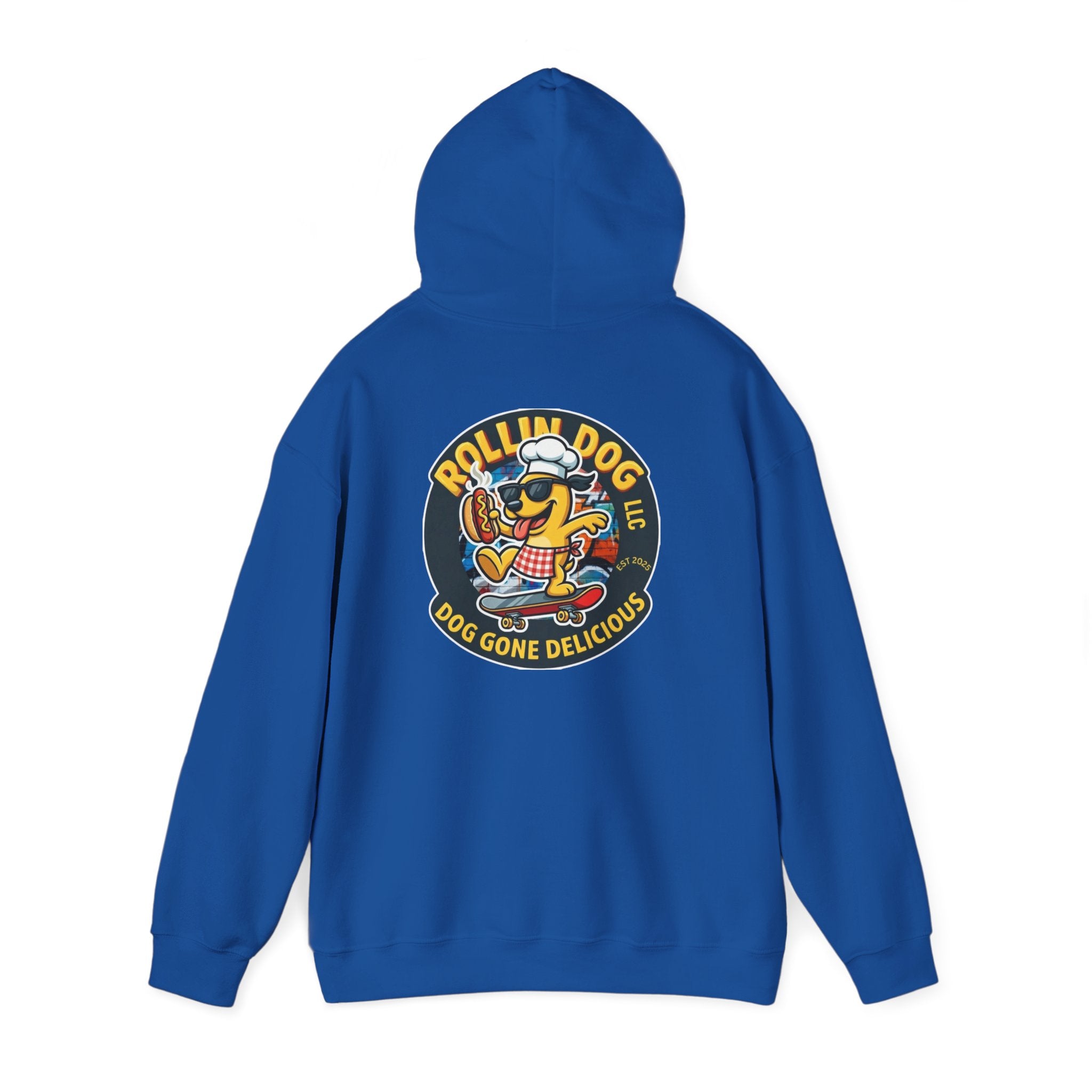 Rollin Dog LLC Skateboard Logo Hoodie — 'Dog Gone Delicious' Chef Hot Dog Graphic Hoodie