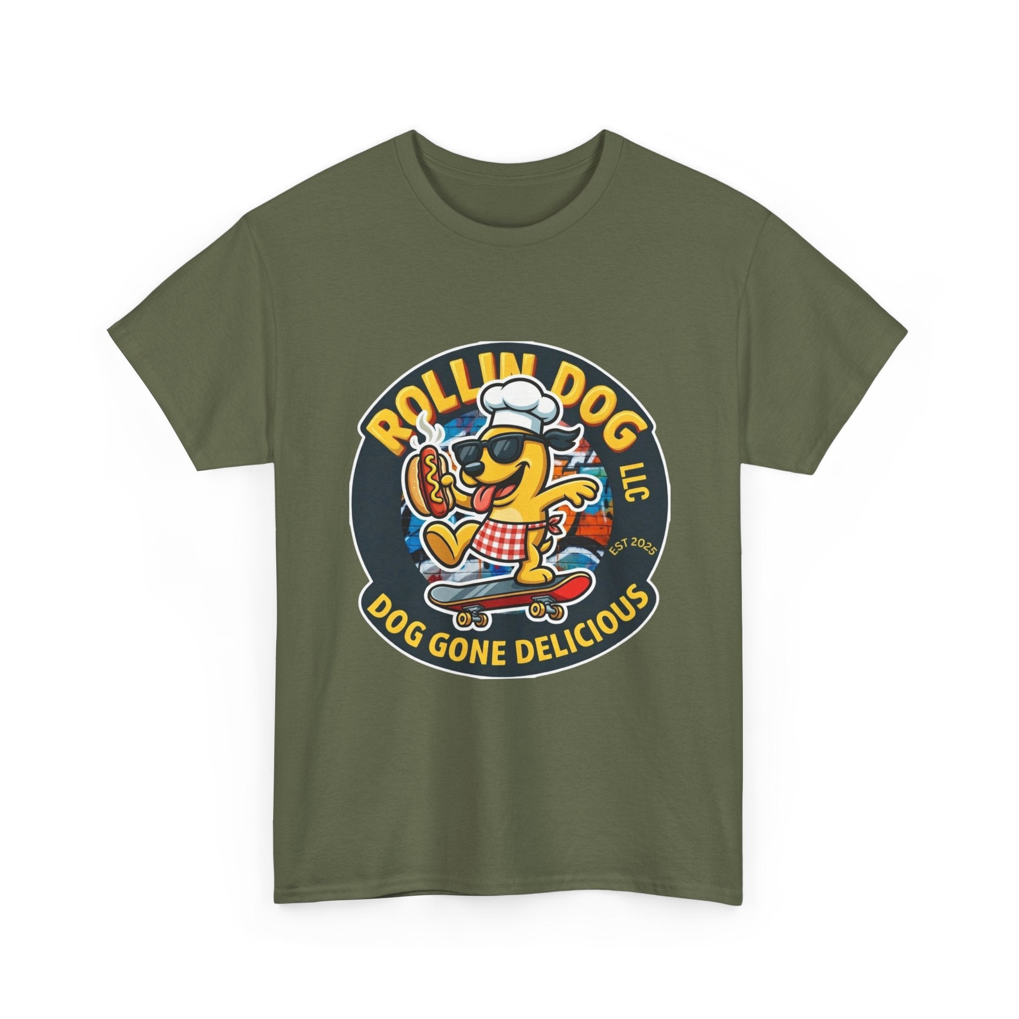 Rollin Dog Skateboard Hot Dog T-Shirt — 'Rollin Dog LLC: Dog Gone Delicious' Vintage Logo Tee