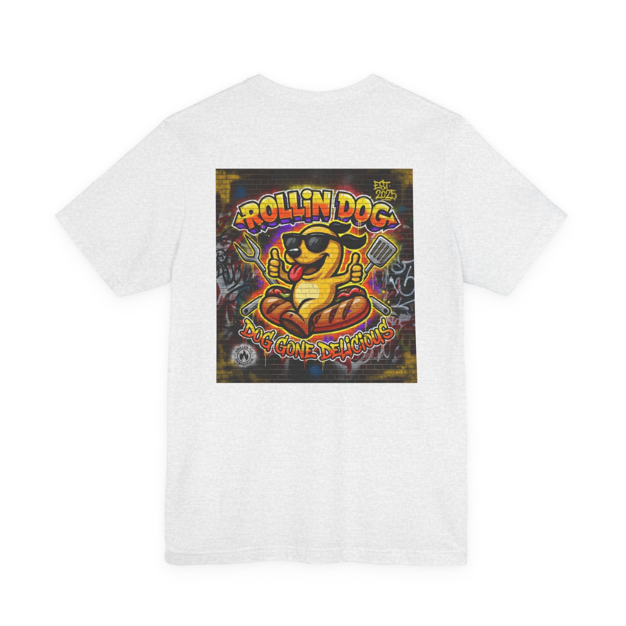 Rollin Dog Graphic Tee Graffiti 1 — Retro Hot Dog Street Art T-Shirt