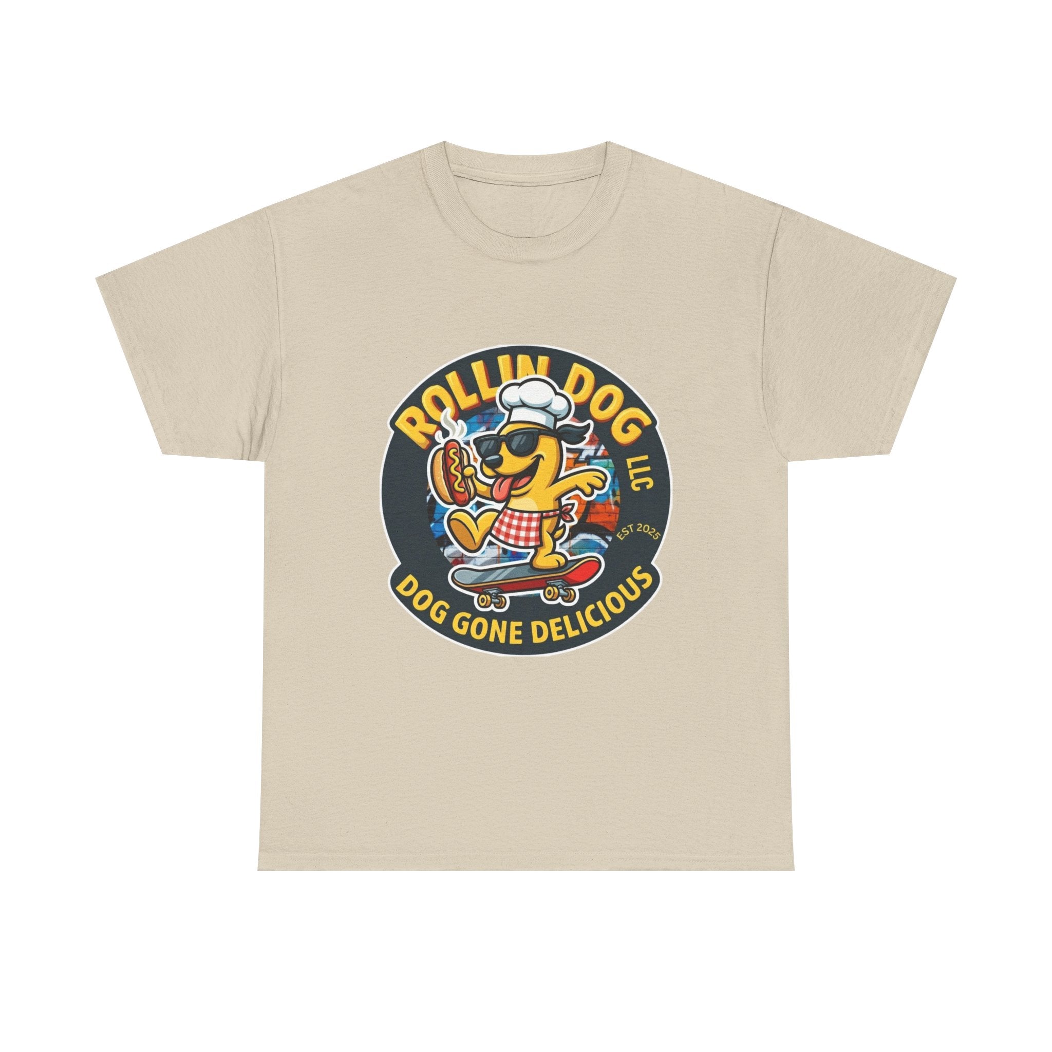 Rollin Dog Skateboard Hot Dog T-Shirt — 'Rollin Dog LLC: Dog Gone Delicious' Vintage Logo Tee