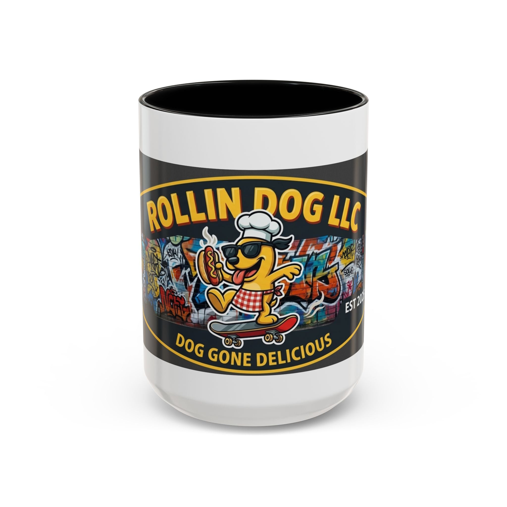 Rolling Dog Coffee Mug — 'Dog Gone Delicious' Skateboard Hot Dog Design