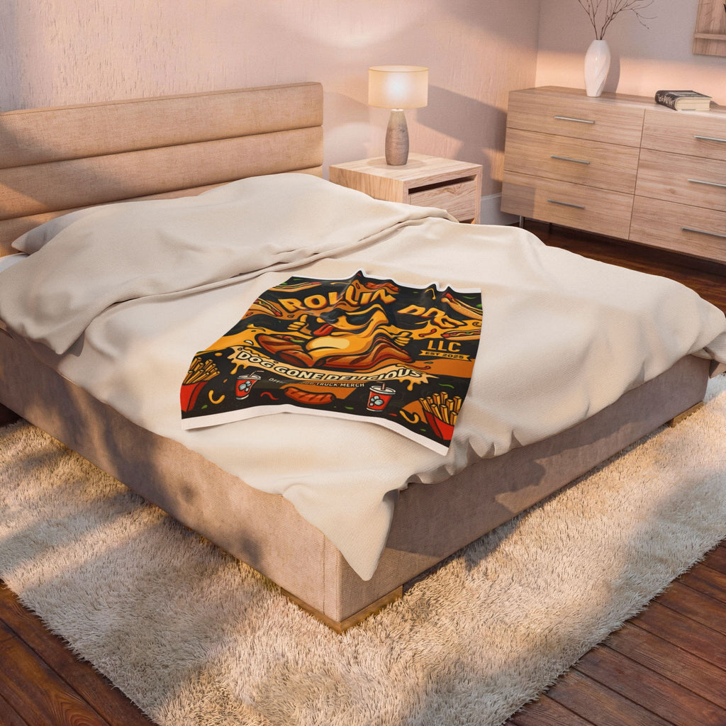Velveteen Plush Blanket – "Rollin Dog: Dog Gone Delicious" Food Truck Graphic Throw