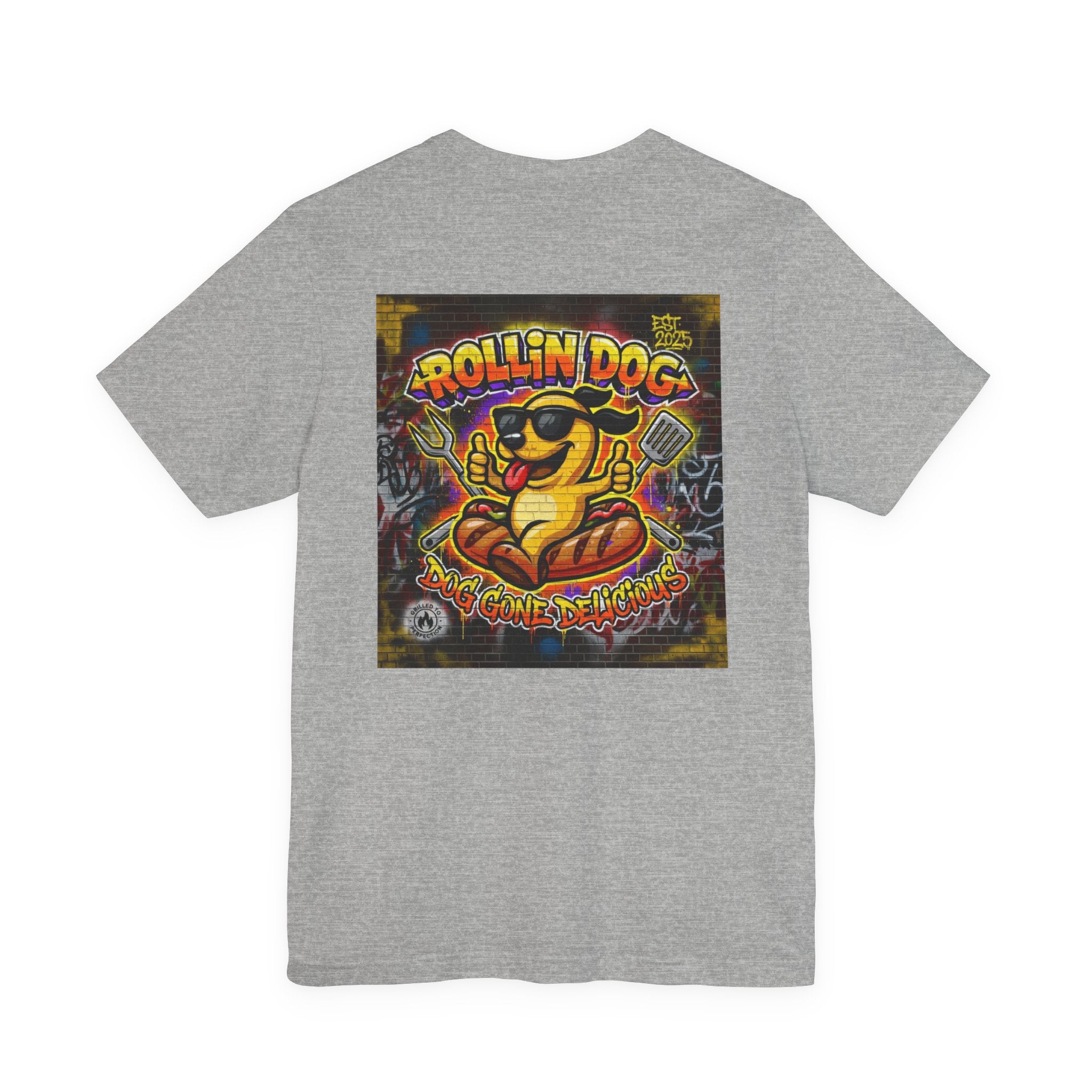 Rollin Dog Graphic Tee Graffiti 1 — Retro Hot Dog Street Art T-Shirt