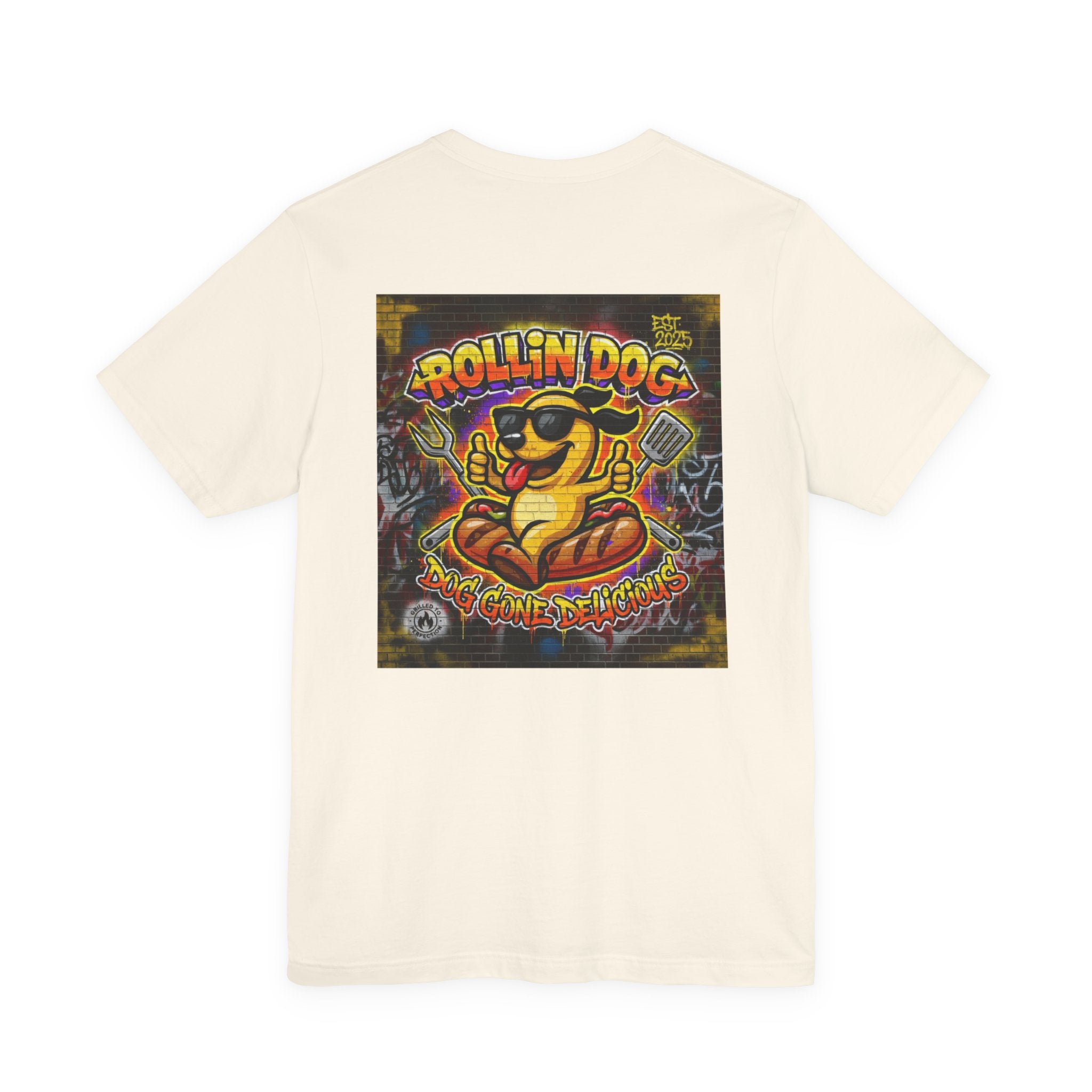 Rollin Dog Graphic Tee Graffiti 1 — Retro Hot Dog Street Art T-Shirt
