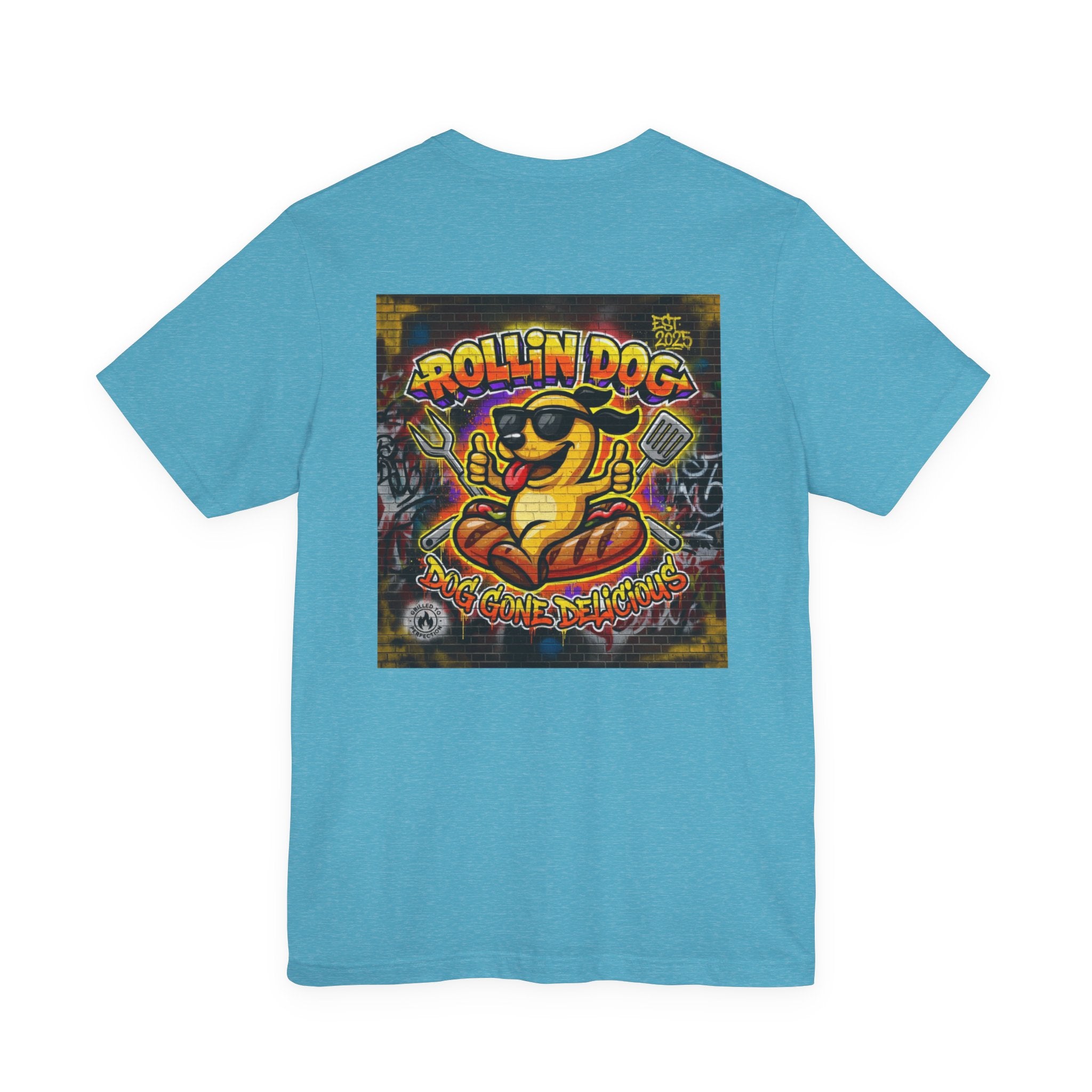 Rollin Dog Graphic Tee Graffiti 1 — Retro Hot Dog Street Art T-Shirt