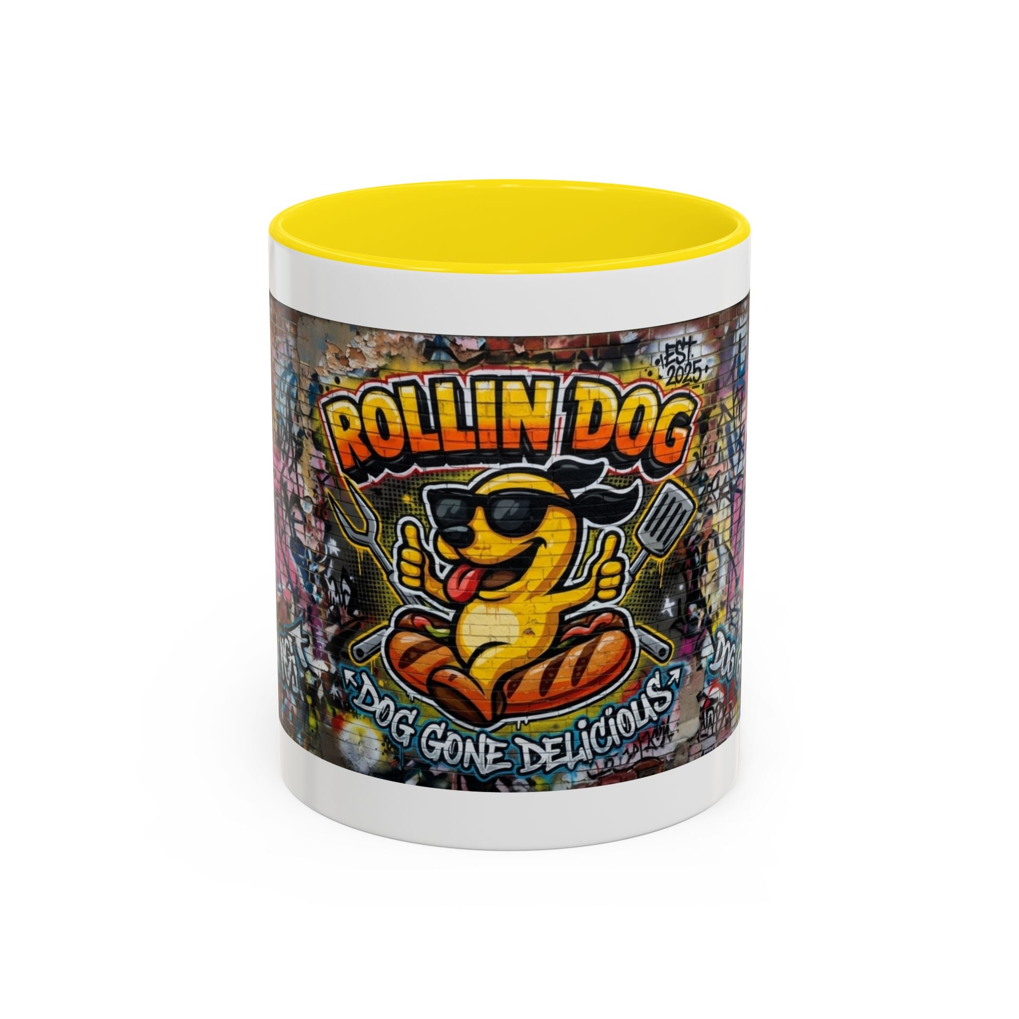 Rollin' Dog Graffiti Coffee Mug – "Dog Gone Delicious" Accent Mug