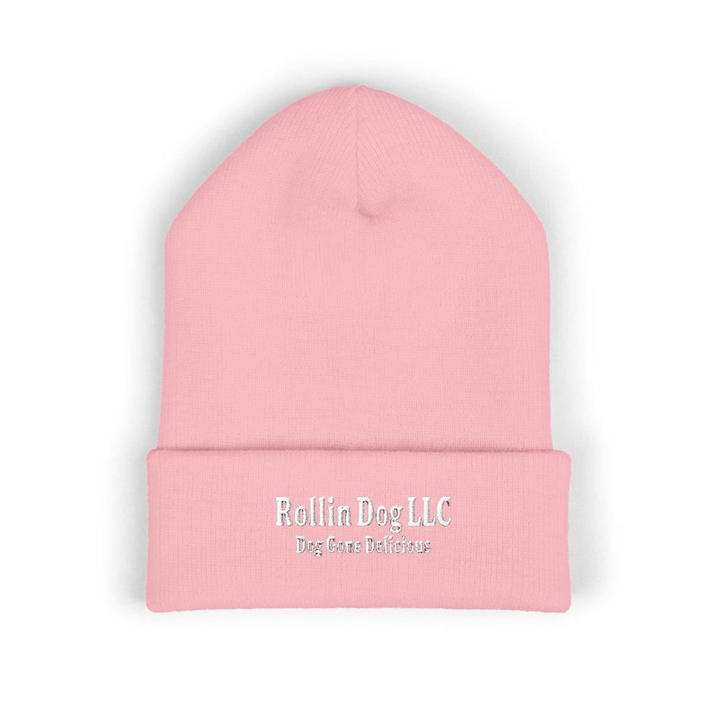 Embroidered Classic White Cuffed Beanie - Rollin Dog LLC Logo