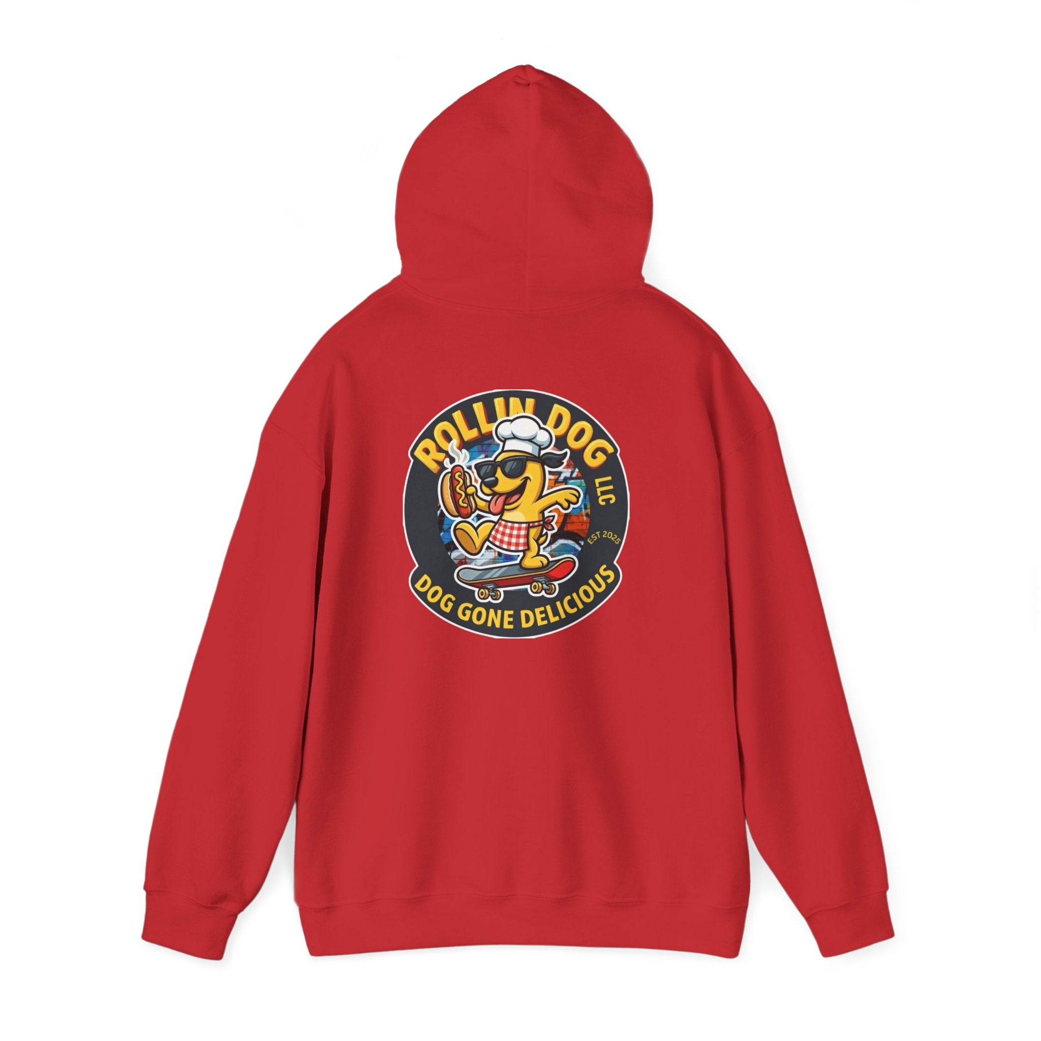 Rollin Dog LLC Skateboard Logo Hoodie — 'Dog Gone Delicious' Chef Hot Dog Graphic Hoodie