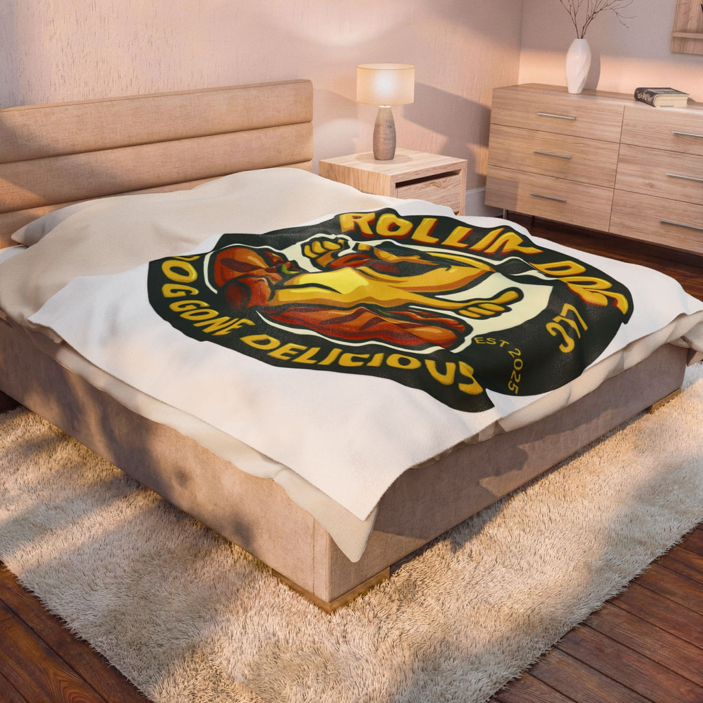 Original Velveteen Plush Blanket — 'Rollin Dog: Dog Gone Delicious' Retro Hot Dog Mascot Throw
