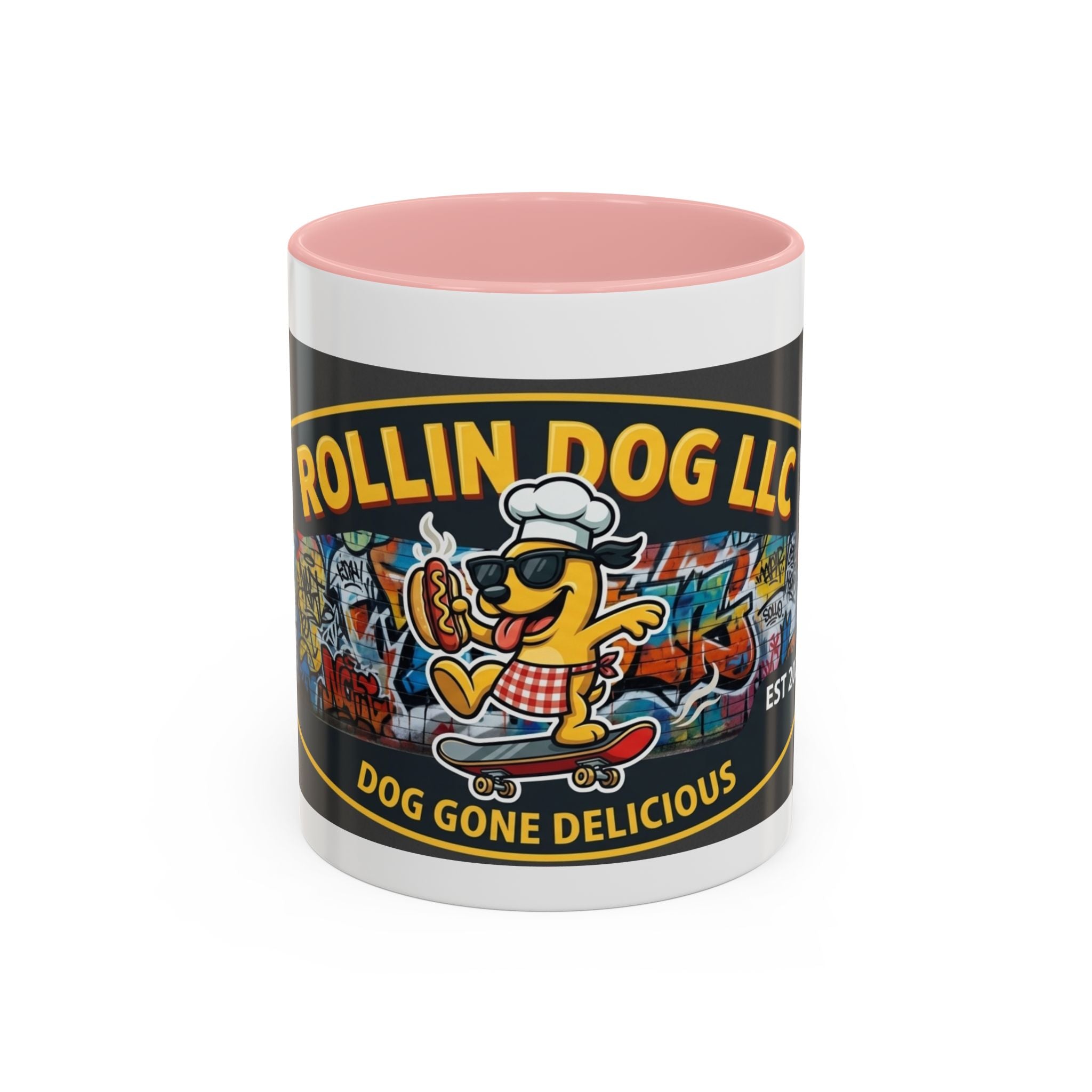 Rolling Dog Coffee Mug — 'Dog Gone Delicious' Skateboard Hot Dog Design