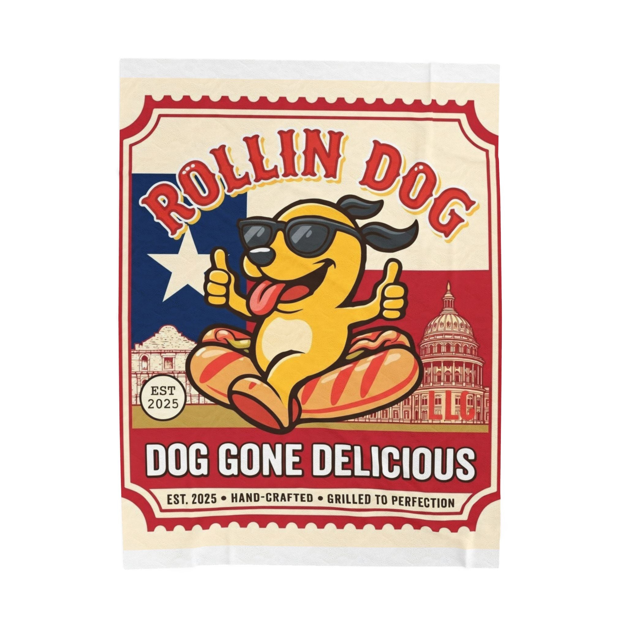 Texas Velveteen Plush Blanket — "Rollin Dog: Dog Gone Delicious" Retro Hot Dog Pup Throw