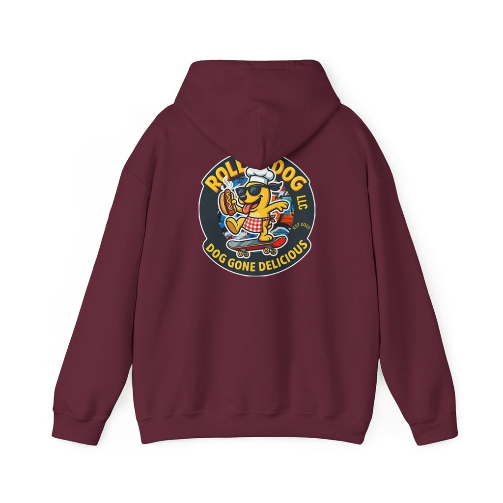 Rollin Dog LLC Skateboard Logo Hoodie — 'Dog Gone Delicious' Chef Hot Dog Graphic Hoodie