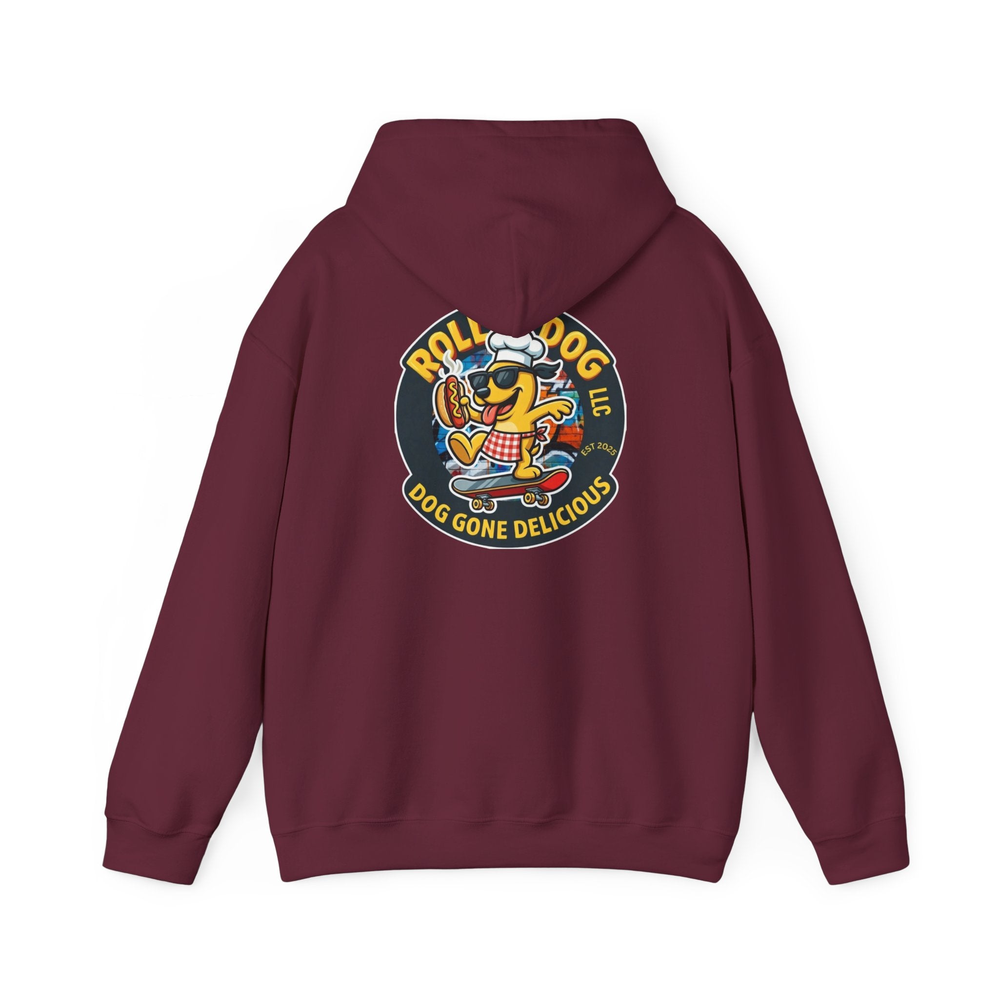 Rollin Dog LLC Skateboard Logo Hoodie — 'Dog Gone Delicious' Chef Hot Dog Graphic Hoodie